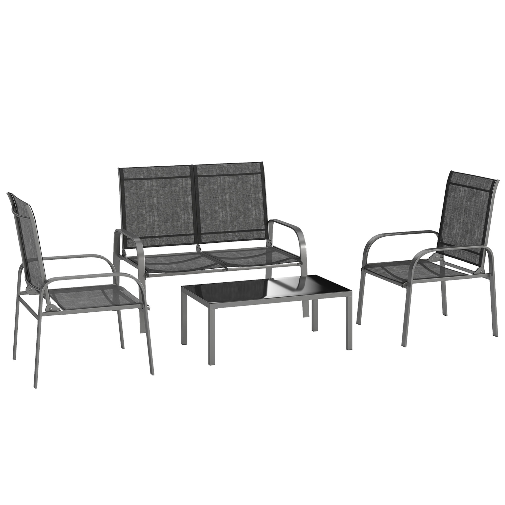 Outsunny Set da Esterno 4pz con Tavolino, 2 Sedie e Divanetto con Schienale Regolabile, in Acciaio e Textilene Nero Outsunny Set da Esterno 4pz con Tavolino, 2 Sedie e Divanetto con Schienale Regolabile, in Acciaio e Textilene Nero