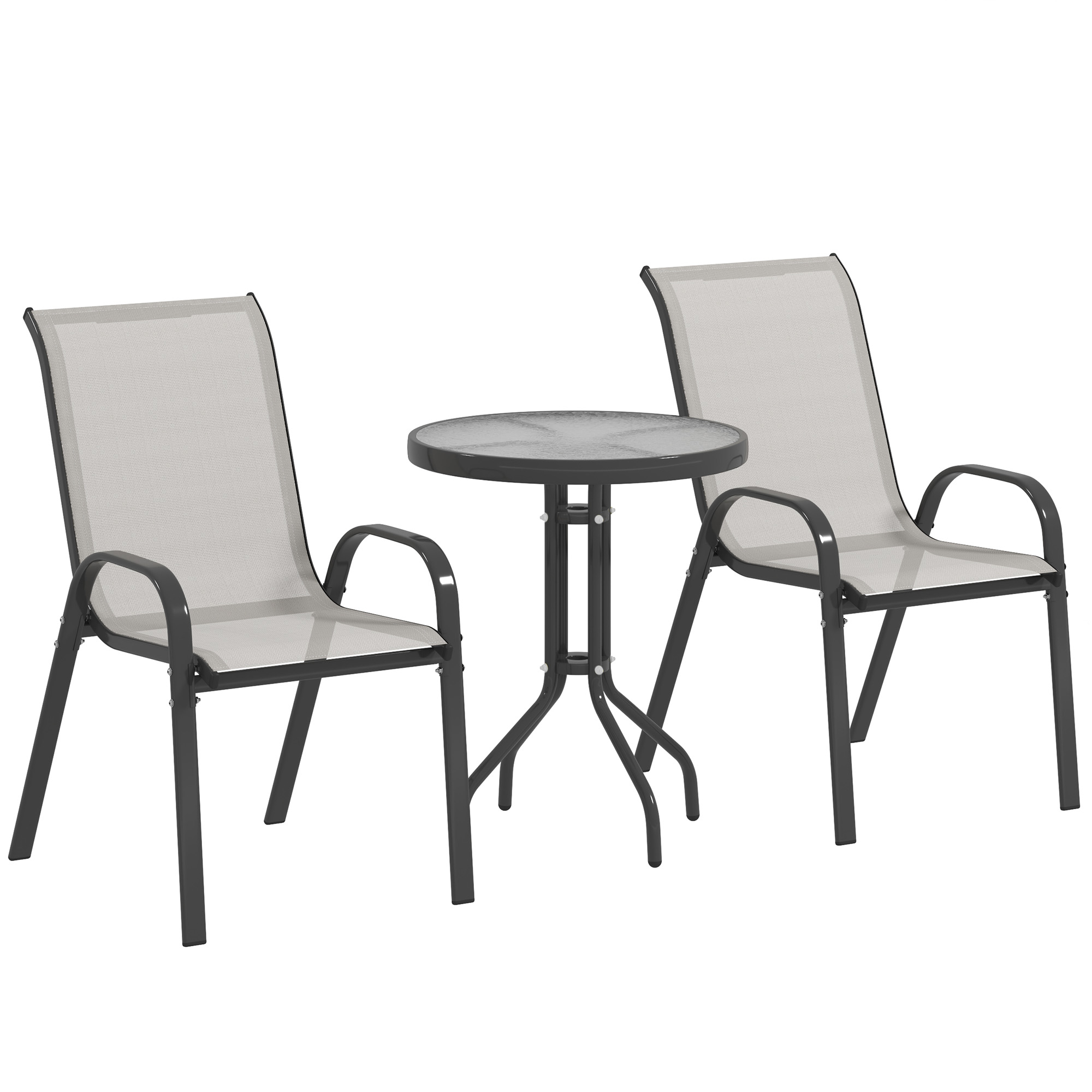 Outsunny Set da Giardino 3 Pezzi con Tavolo Rotondo Piano in Vetro e Sedie Impilabili per Esterni Grigio Chiaro Aosom Italy