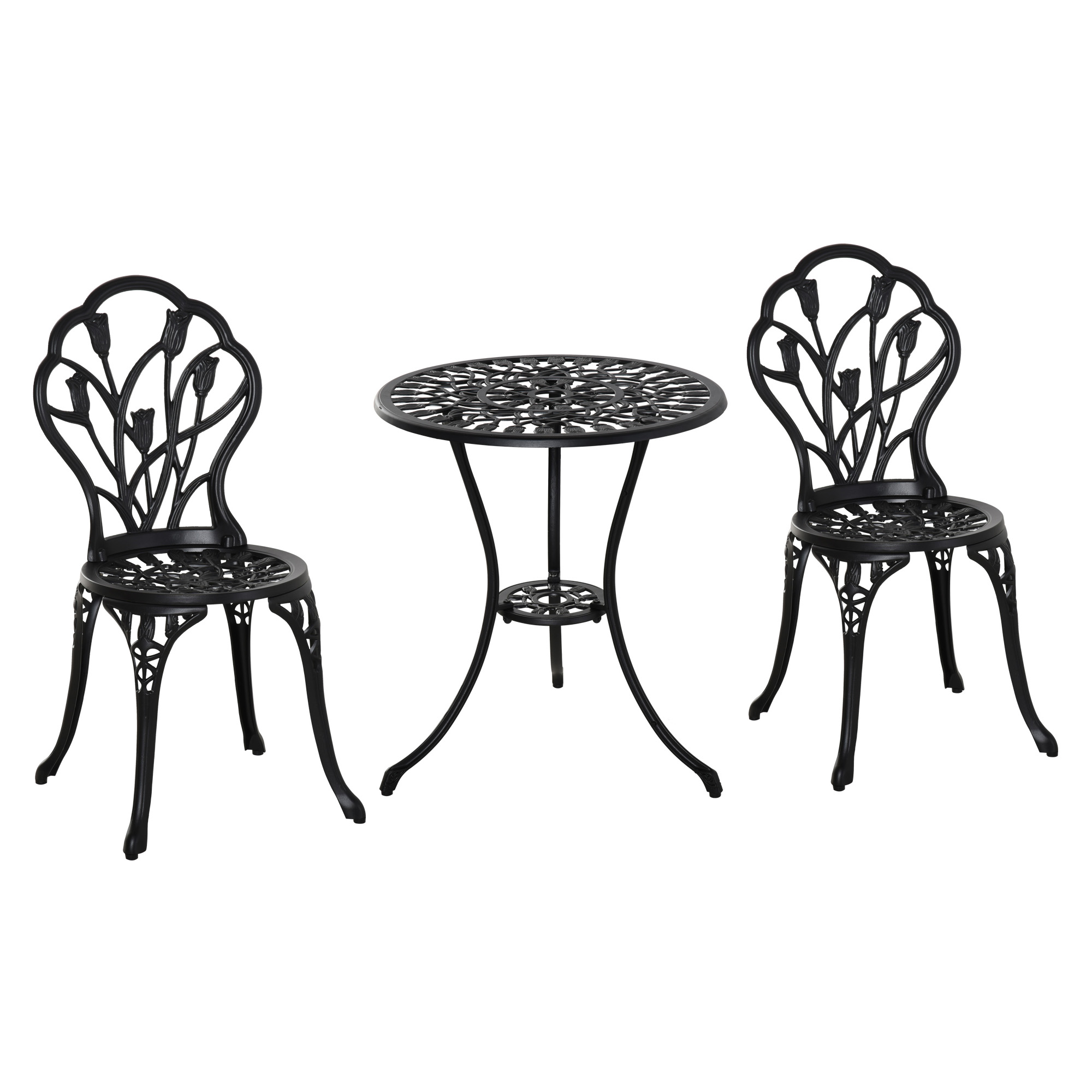 Outsunny Set da Giardino 3 Pezzi in Alluminio con 2 Sedie 42.5x47.5x89 cm e Tavolino Rotondo Ø60x67 cm, Nero Aosom Outsunny Set da Giardino 3 Pezzi in Alluminio con 2 Sedie 42.5x47.5x89 cm e Tavolino Rotondo Ø60x67 cm, Nero Aosom