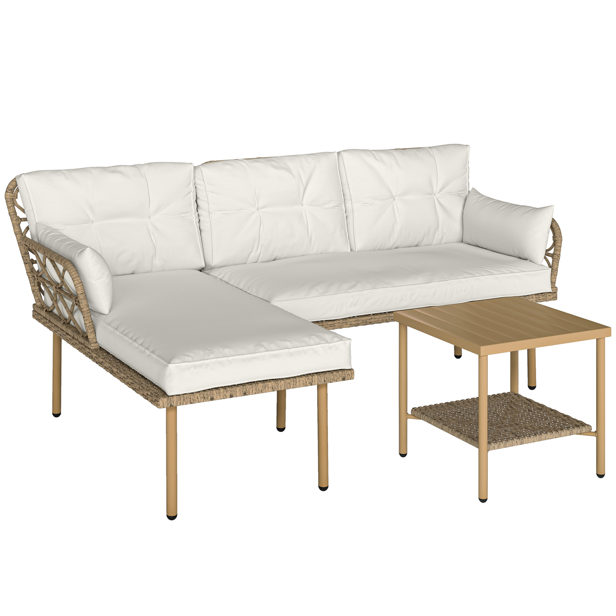 Outsunny Set da Giardino 3pz con Chaise Longue, Divanetto, Cuscini e Tavolino, in Rattan e Acciaio, Bianco Crema e Legno Aosom Italy