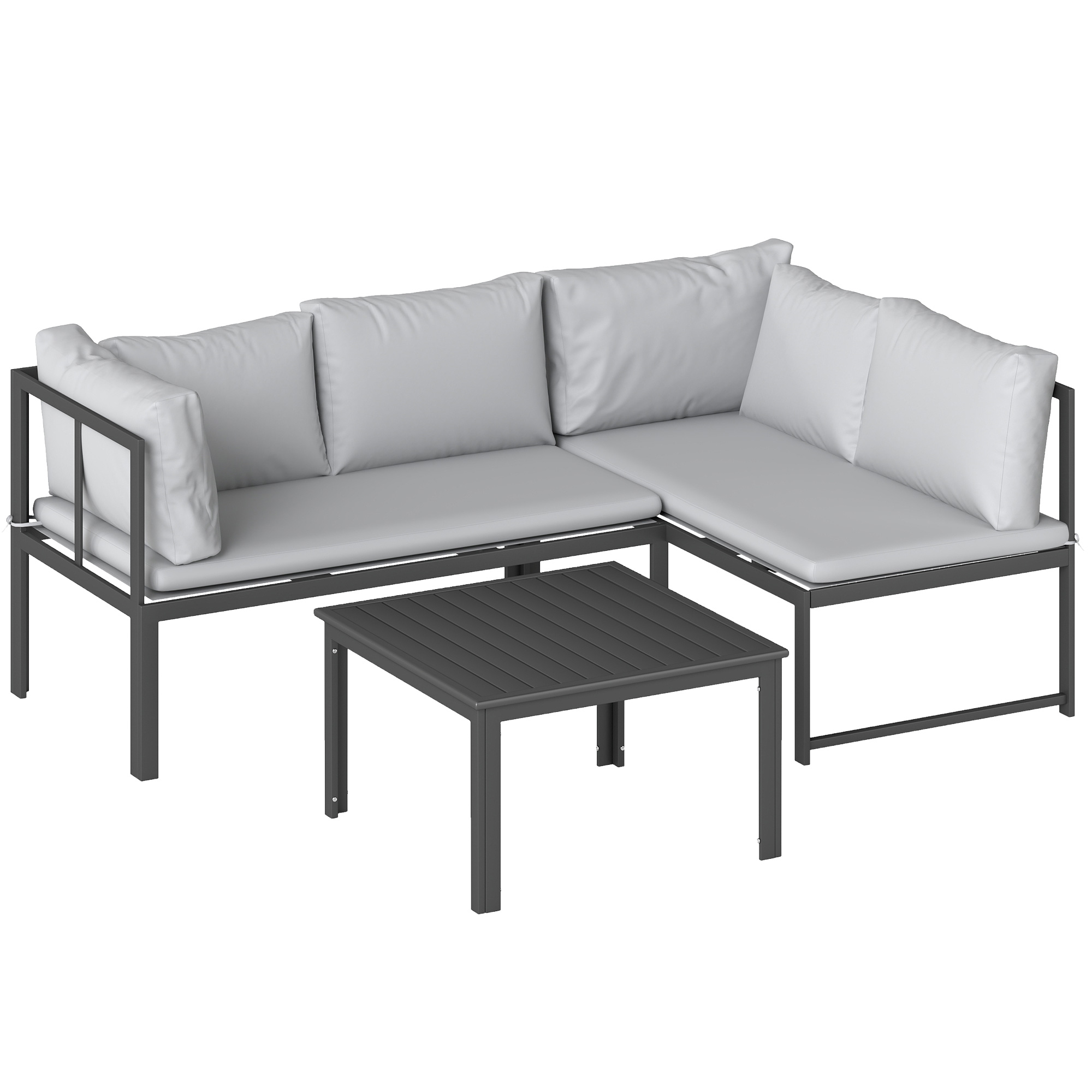 Outsunny Set da Giardino 3pz con Divano Angolare 4 Posti e Tavolino a Doghe, in Metallo e Poliestere Grigio Aosom Italy