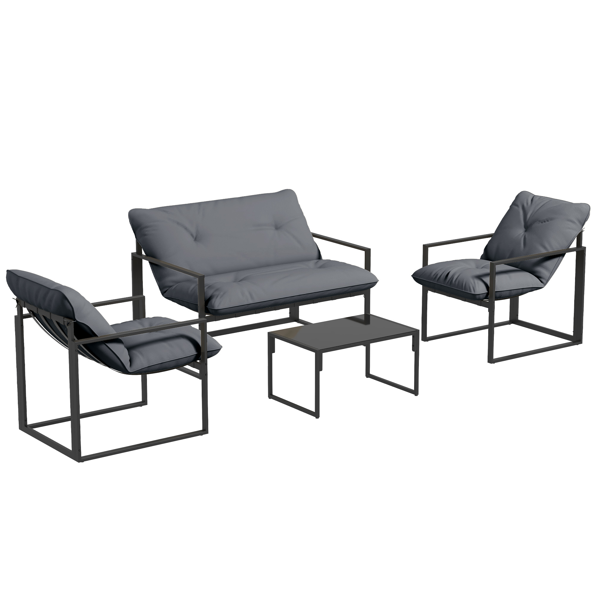 Outsunny Set da Giardino 4 Pezzi con Divanetto, 2 Poltrone e Tavolino, in Acciaio, Poliestere e Cotone PP, Nero e Grigio Aosom Italy