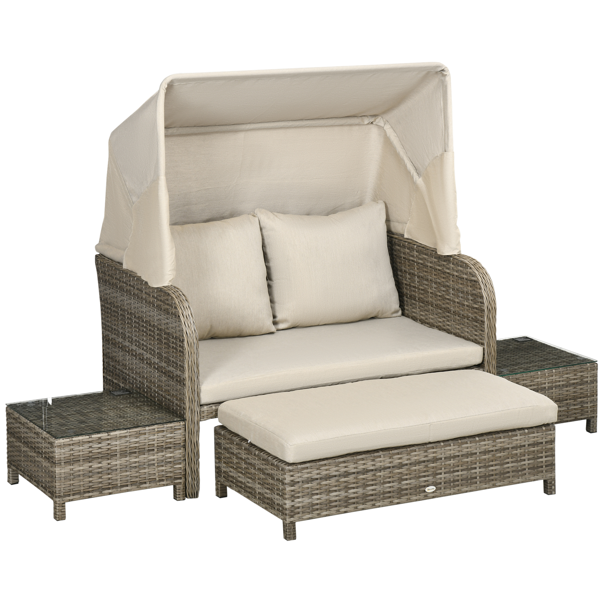 Outsunny Set da giardino 4 pezzi divano 2 posti + 1 poggiapiedi + 2 tavolini con cuscini beige marrone
