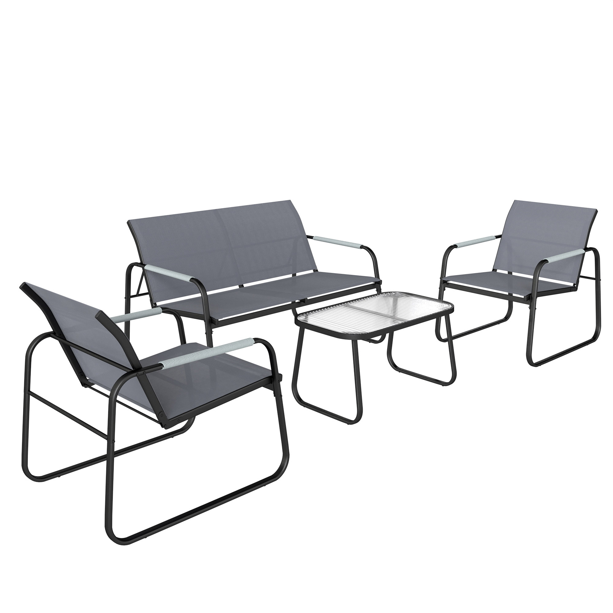 Outsunny Set da Giardino 4 Pezzi, Divano a Due Posti, 2 Poltrone, Tavolino in Vetro Temperato, Grigio Aosom Italy
