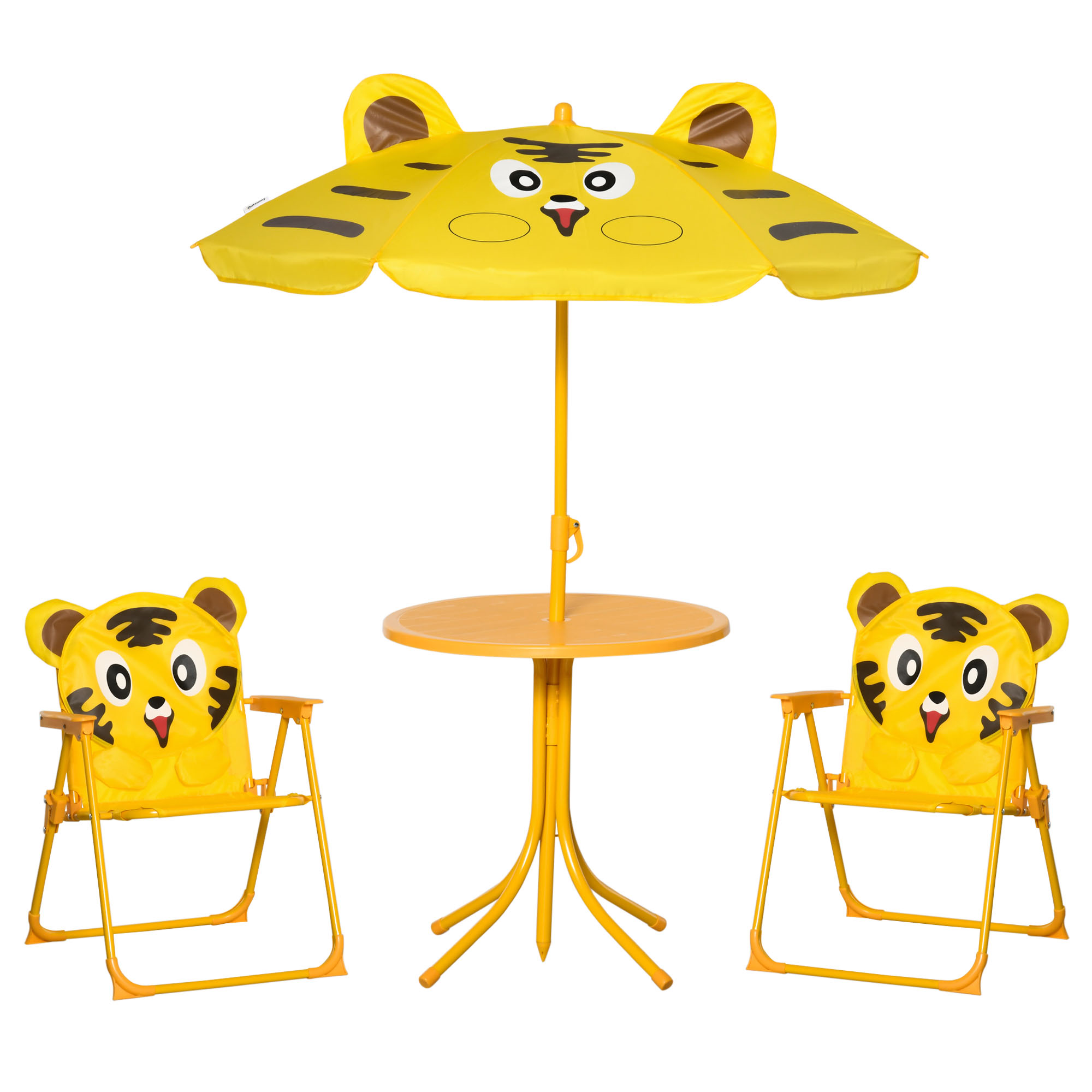 Outsunny Set da Giardino 4 Pezzi per Bambini con Tavolino Rotondo, 2 Sedie Pieghevoli e un Ombrellone Regolabile, Giallo Aosom Italy