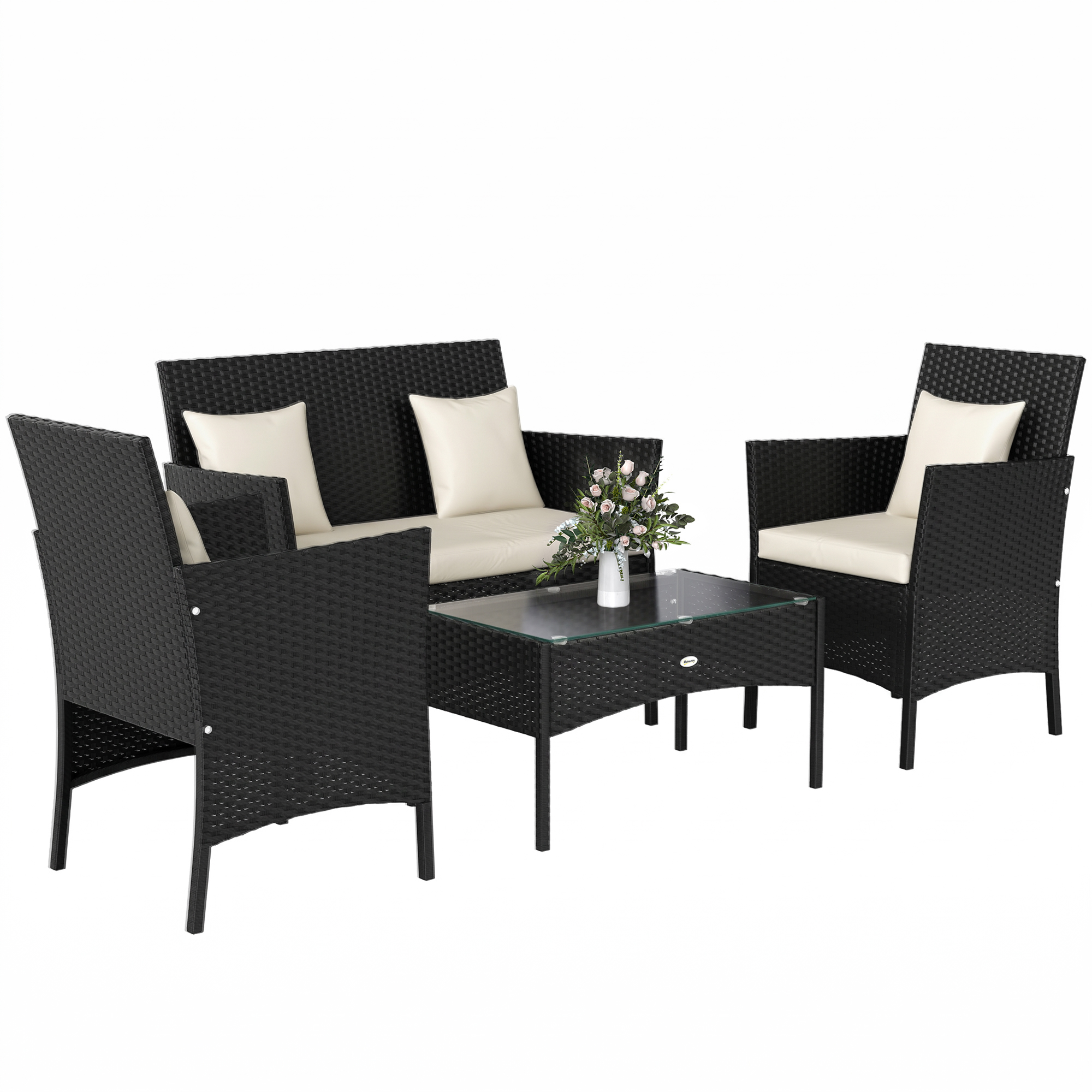 Outsunny Set da Giardino 4Pezzi in Rattan con 2 Sedie, Poltrona da Giardino a 2 Posti e Tavolino Basso Aosom