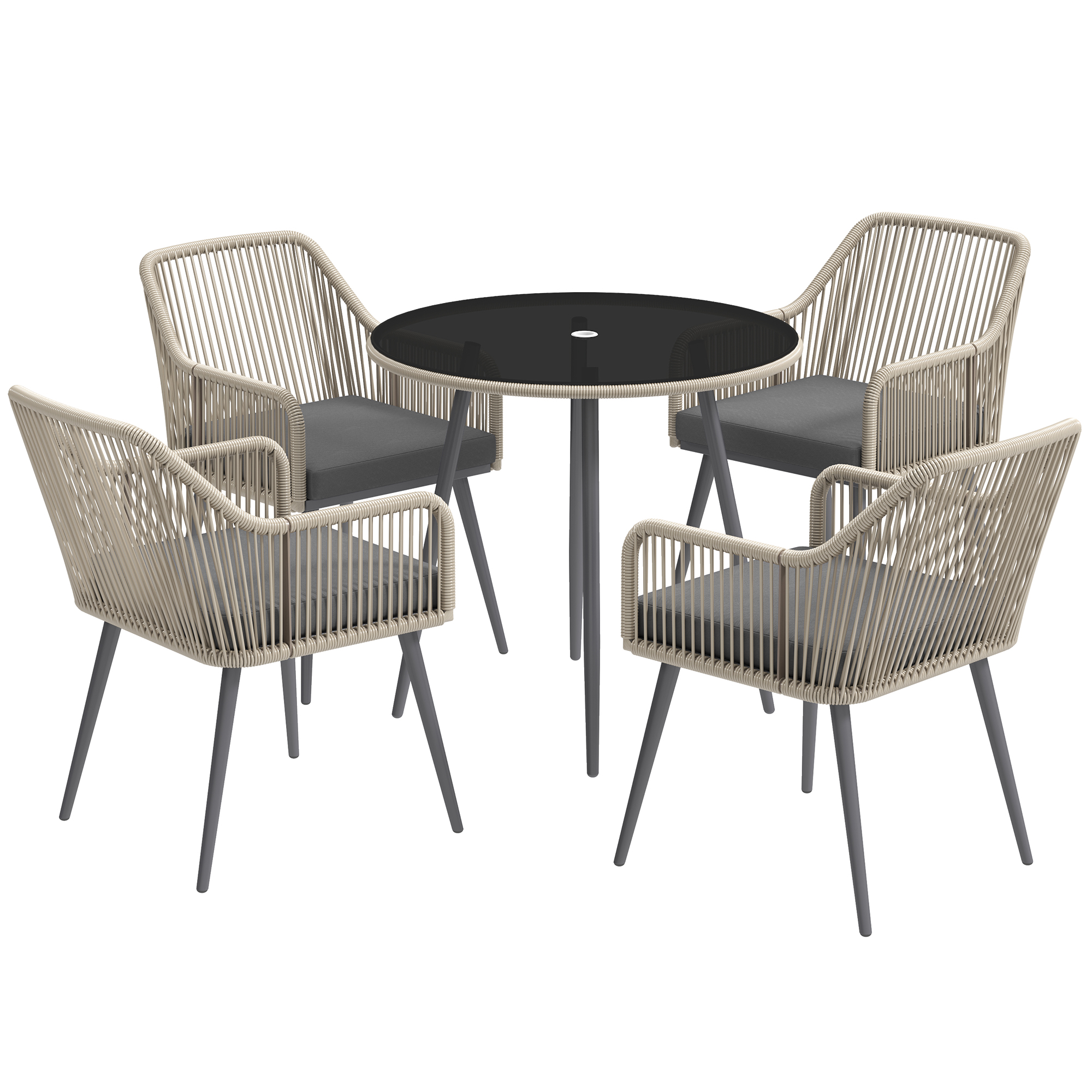Outsunny Set da Giardino 5 Pezzi in Rattan e Acciaio con 4 Sedie da Esterno e Tavolo Rotondo con Foro, Marrone e Grigio Outsunny Set da Giardino 5 Pezzi in Rattan e Acciaio con 4 Sedie da Esterno e Tavolo Rotondo con Foro, Marrone e Grigio