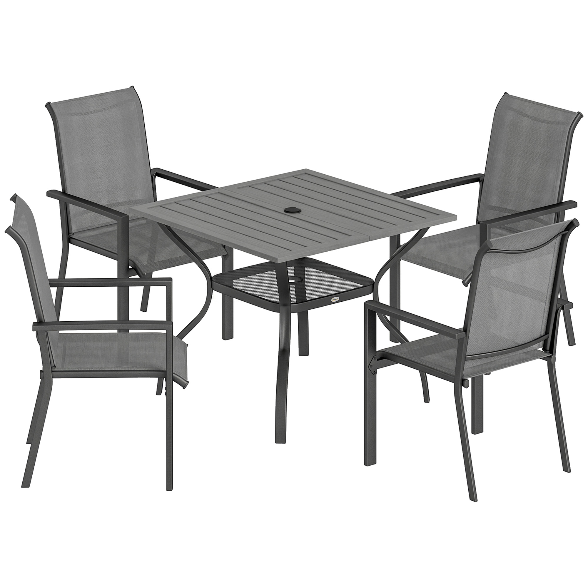 Outsunny Set da Giardino 5 pz in Acciaio con 4 Sedie Impilabili e Tavolo con Foro Centrale e Ripiano Inferiore, Grigio Aosom Italy