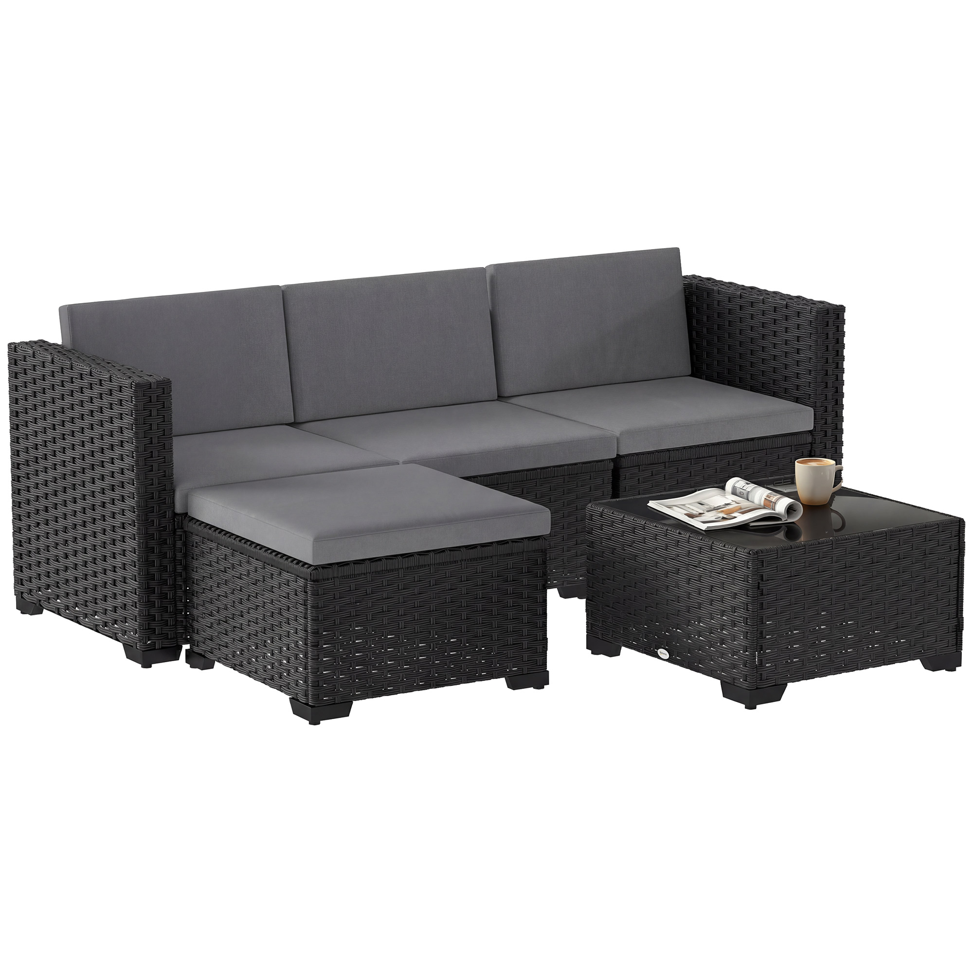 Outsunny Set da Giardino 5 pz Modulare con Poggiapiedi e Tavolino, in Rattan PE Grigio Aosom Italy
