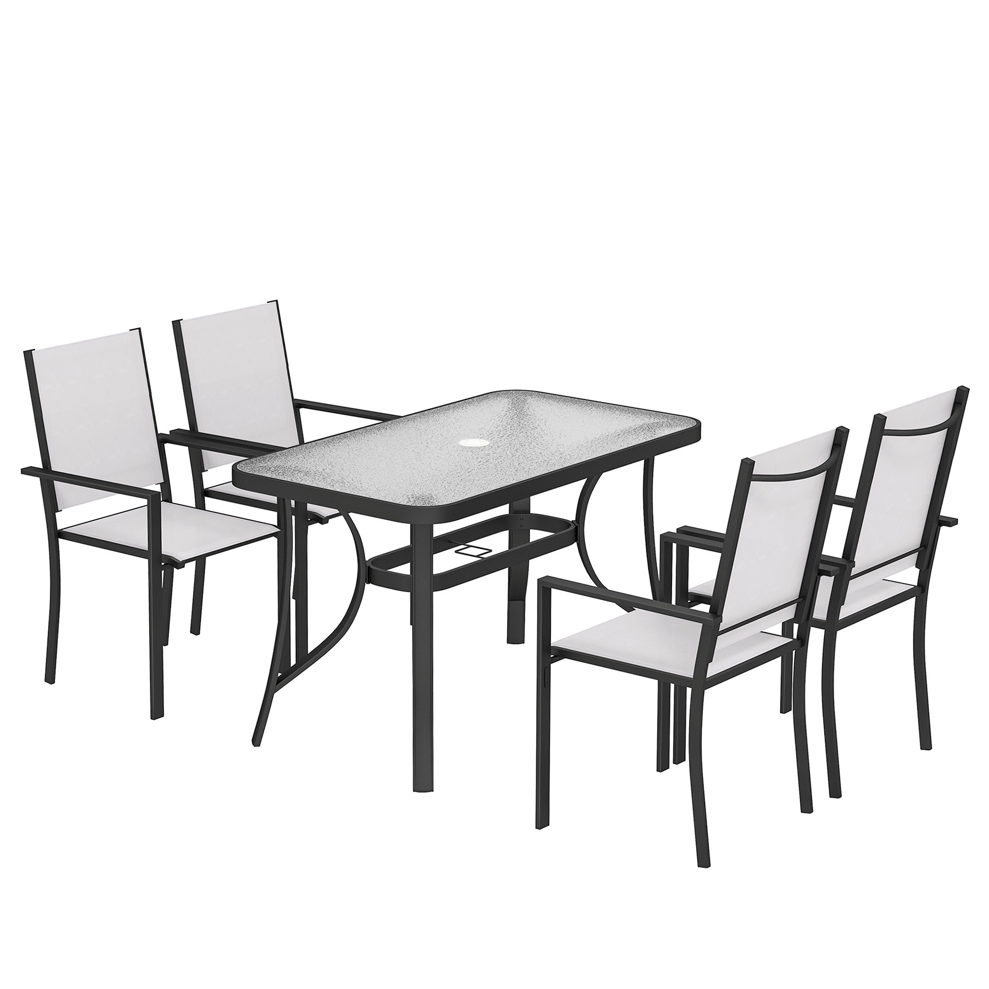 Outsunny Set da Giardino 5pz con 4 Sedie Impilabili e Tavolo in Vetro Temperato con Foro per Ombrellone, Grigio Chiaro Aosom Italy