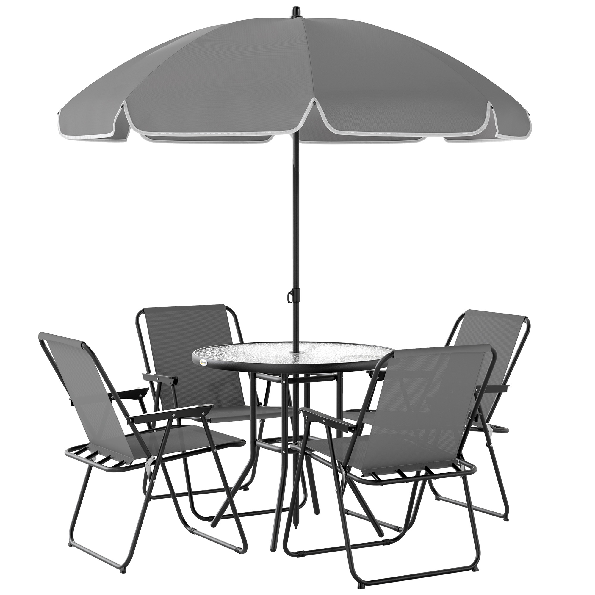 Outsunny Set da Giardino 6 Pezzi in Acciaio con 4 Sedie Pieghevoli, Ombrellone e Tavolo Rotondo, Grigio e Nero