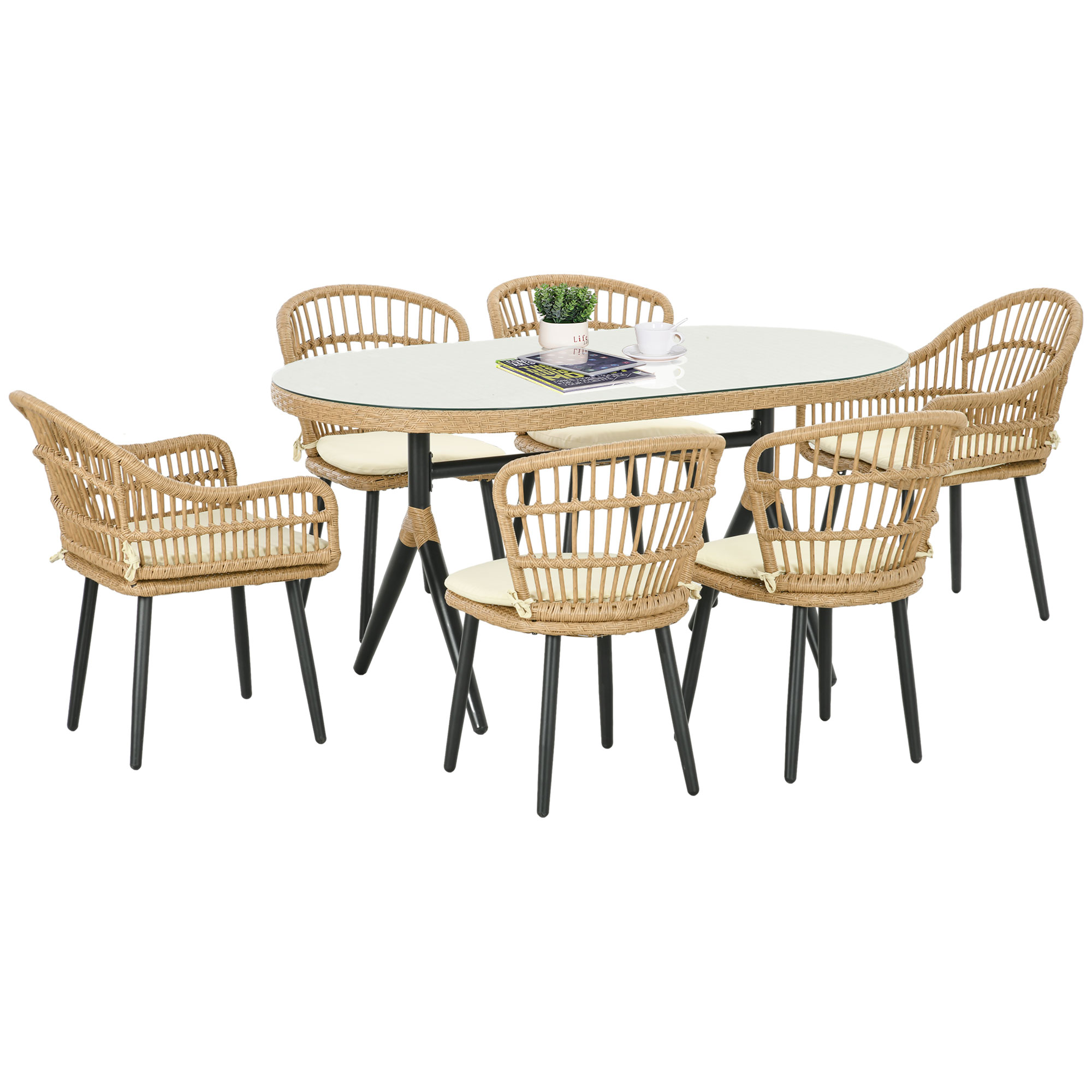 Outsunny Set da Giardino 7 Pezzi in Rattan PE con Tavolo da Pranzo 153x89x74 cm e 6 Sedie 52x62x78 cm con Cuscini Aosom Italy