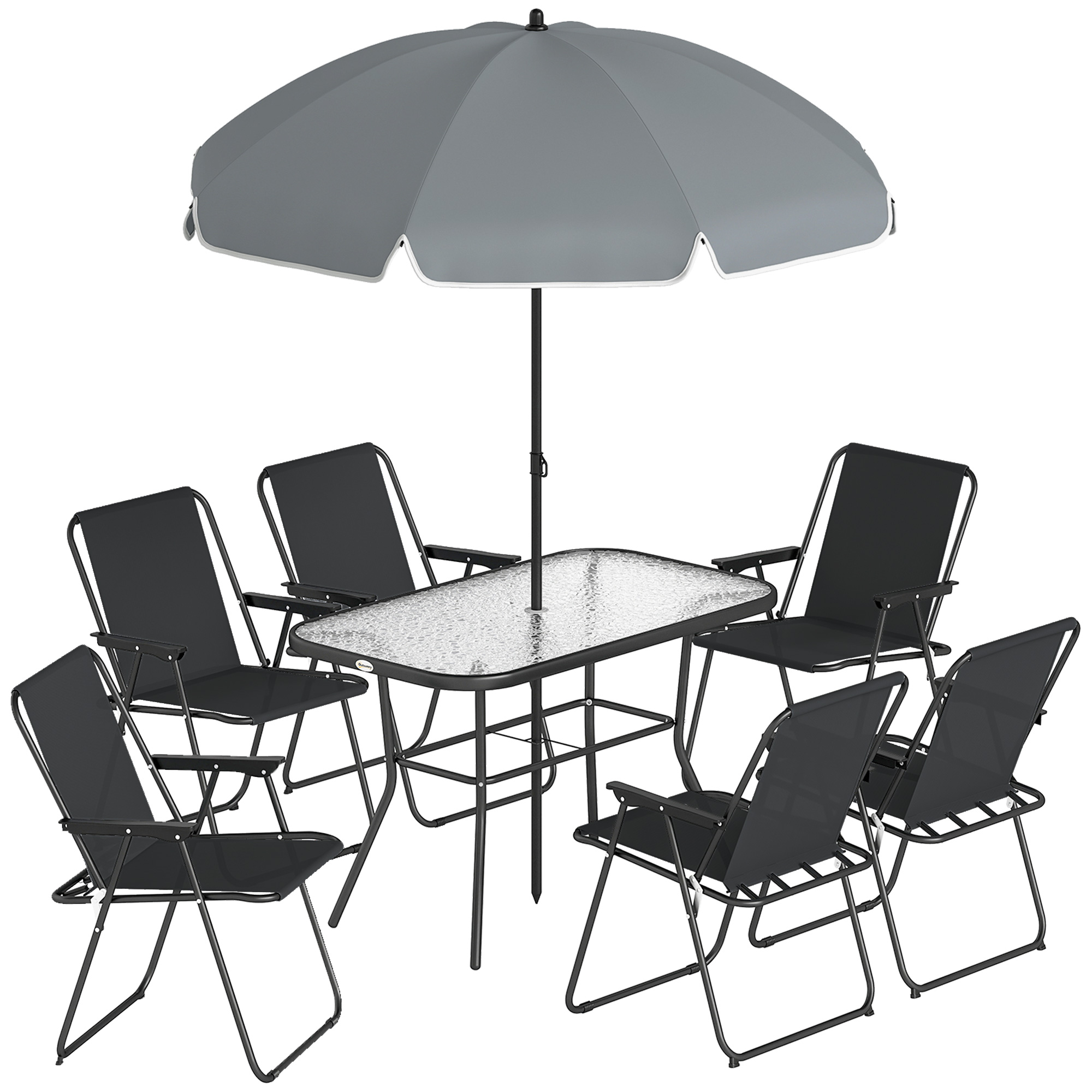 Outsunny Set da Giardino 8 pz con Ombrellone, 6 Sedie Pieghevoli e Tavolo da Esterno in Vetro Temperato, Nero Aosom Italy