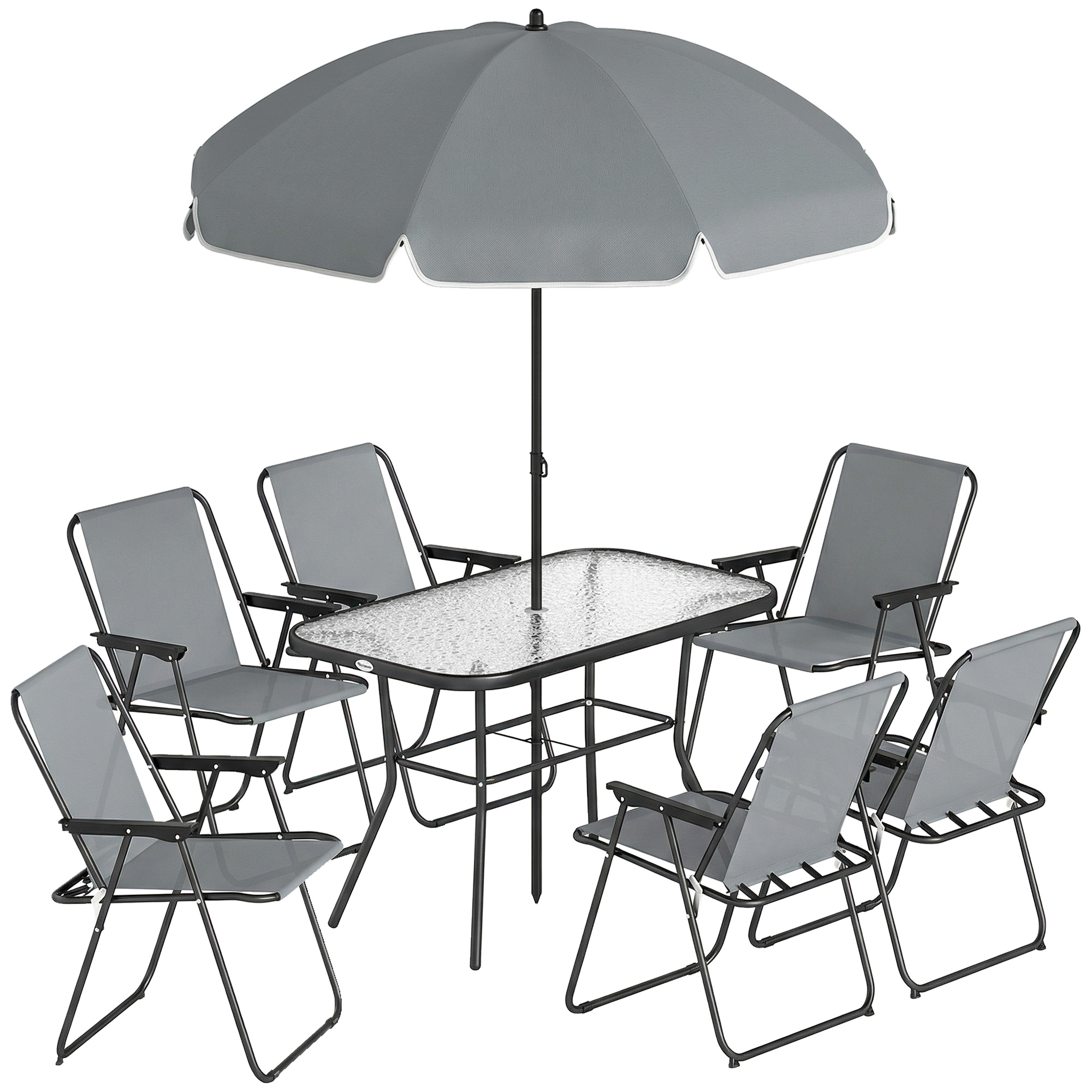 Outsunny Set da Giardino 8 pz con Ombrellone, 6 Sedie Pieghevoli e Tavolo da Esterno in Vetro Temperato, Grigio Aosom Italy