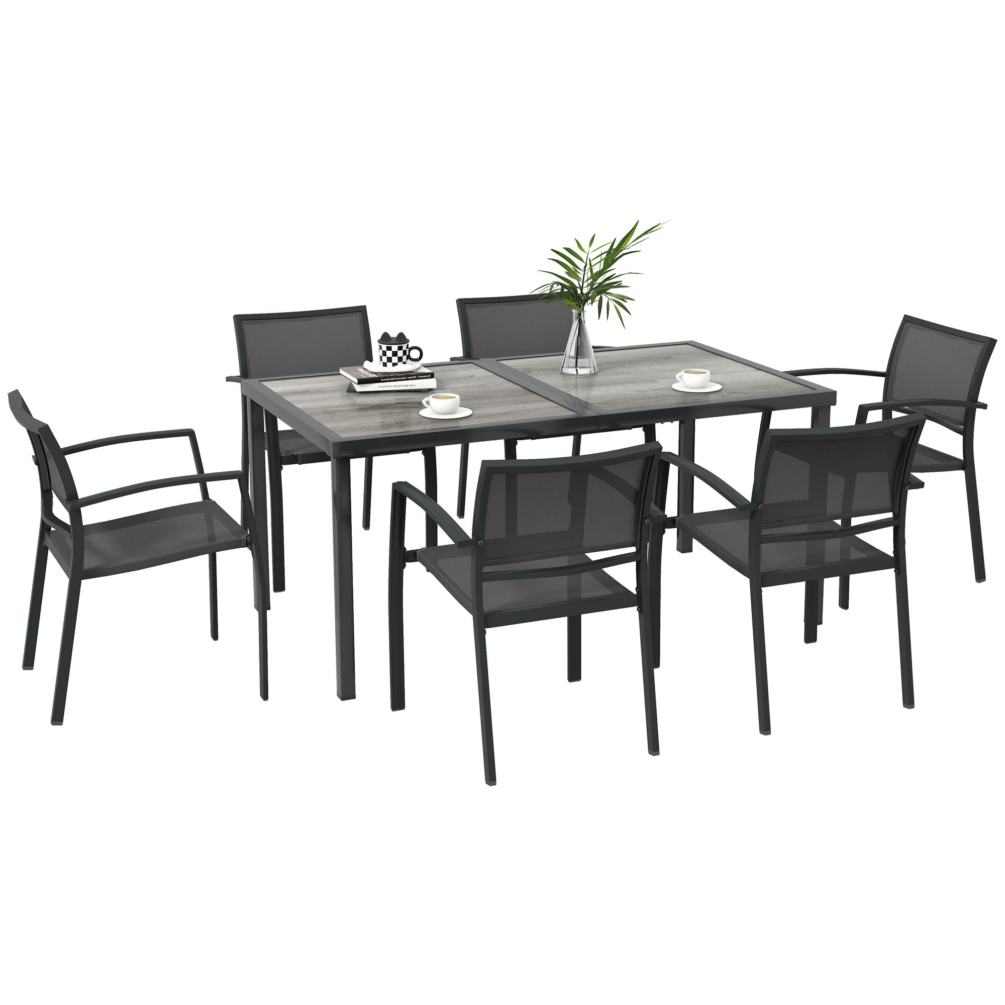 Outsunny Set da Giardino con 6 Sedie Impilabili in Tessuto a Rete e Tavolo Effetto Legno, Grigio