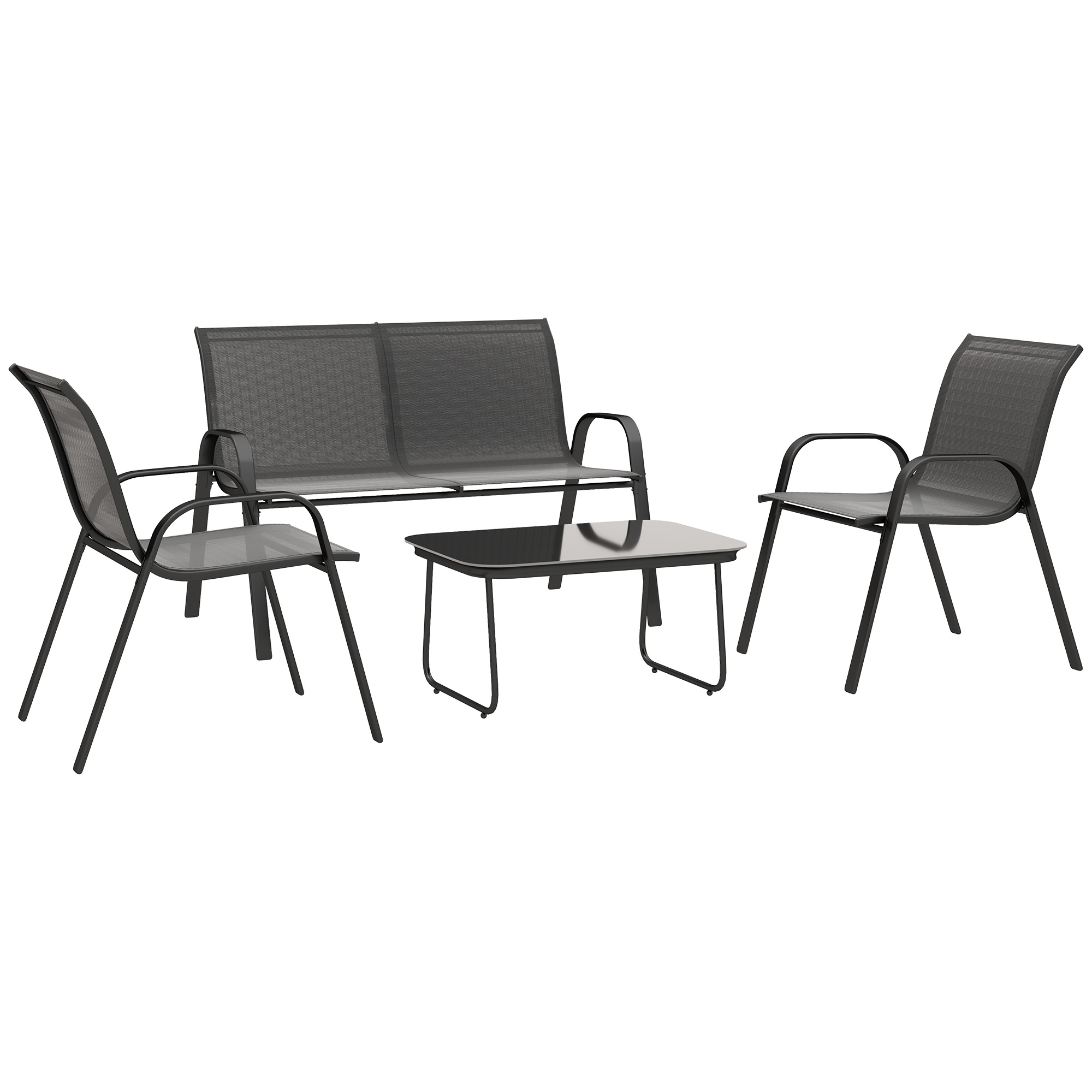 Outsunny Set da Giardino con Divano 2 Posti, 2 Poltrone Impilabili e Tavolino in Vetro, Nero