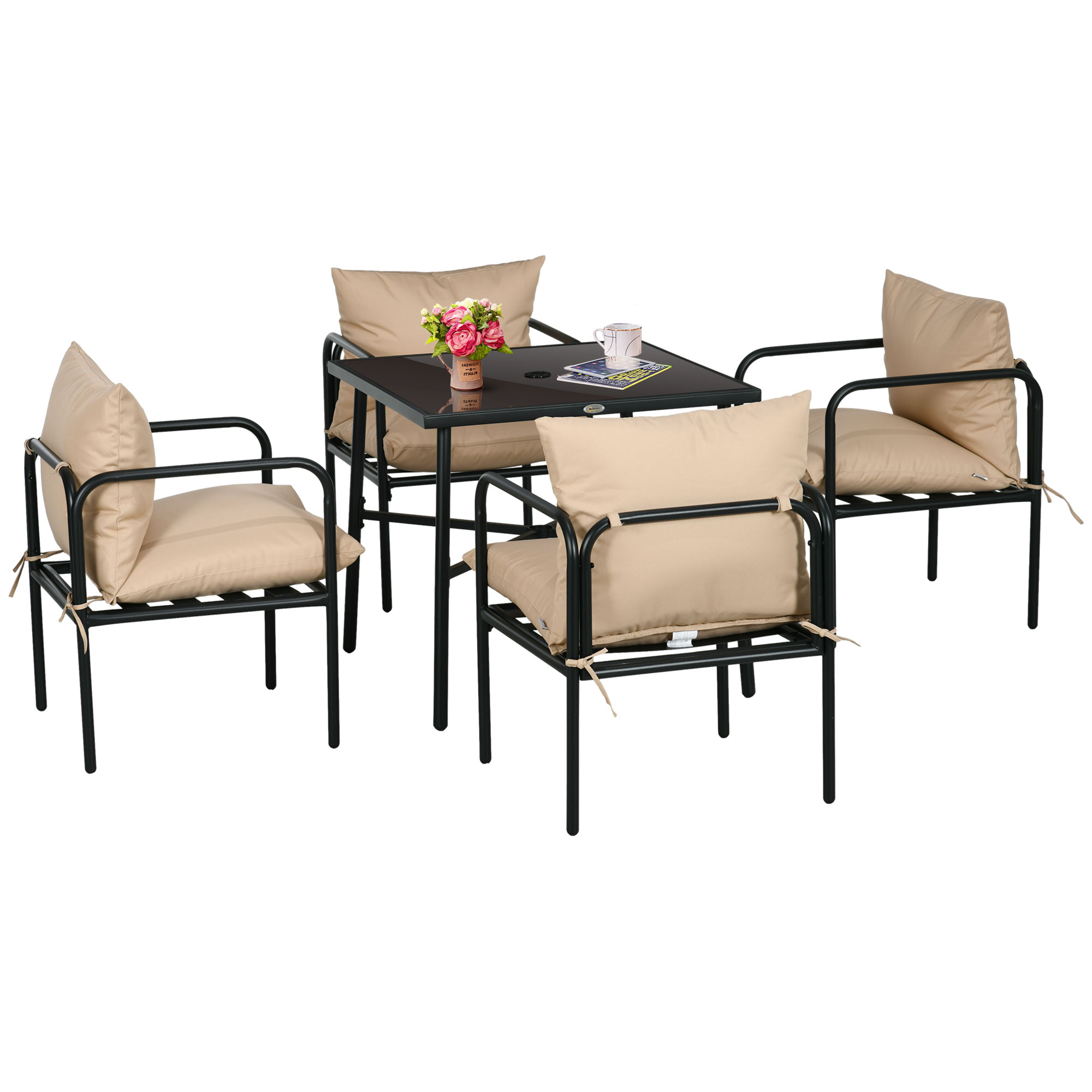 Outsunny Set da Giardino con Tavolo e Sedie da 5 Pezzi, 1 Tavolo da Pranzo Quadrato e 4 Sedie con 4 Cuscini, Nero Aosom Italy