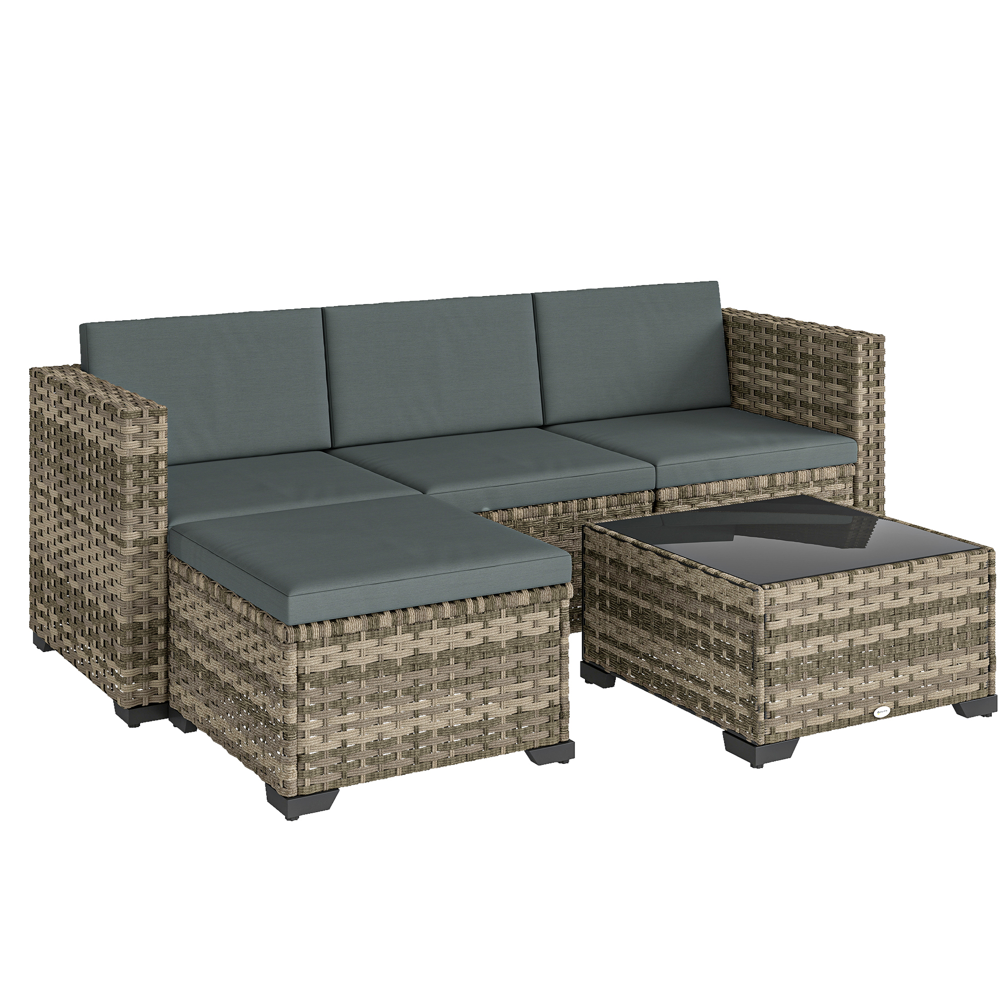 Outsunny Set da Giardino Esterno in Rattan 5 Pezzi con Cuscini 2 Poltrone Angolari Poltrona senza Braccioli Poggiapiedi e Tavolino Aosom Italy