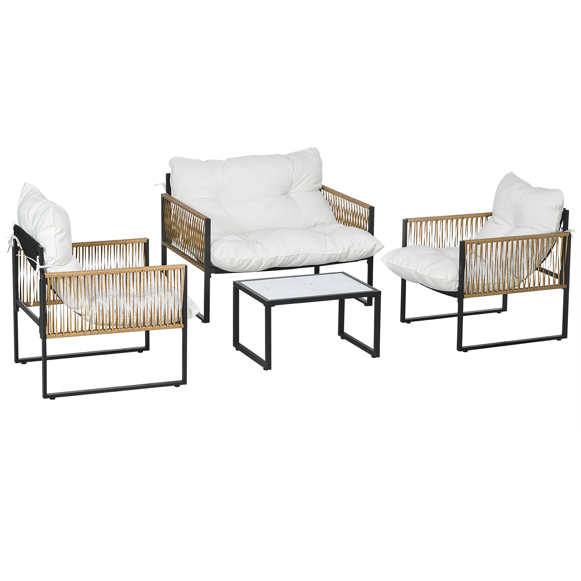 Outsunny Set da Giardino Esterno in Rattan Sintetico con 2 Poltrone 1 Divano 2 Posti 1 Tavolino e Cuscini Crema Aosom Italy