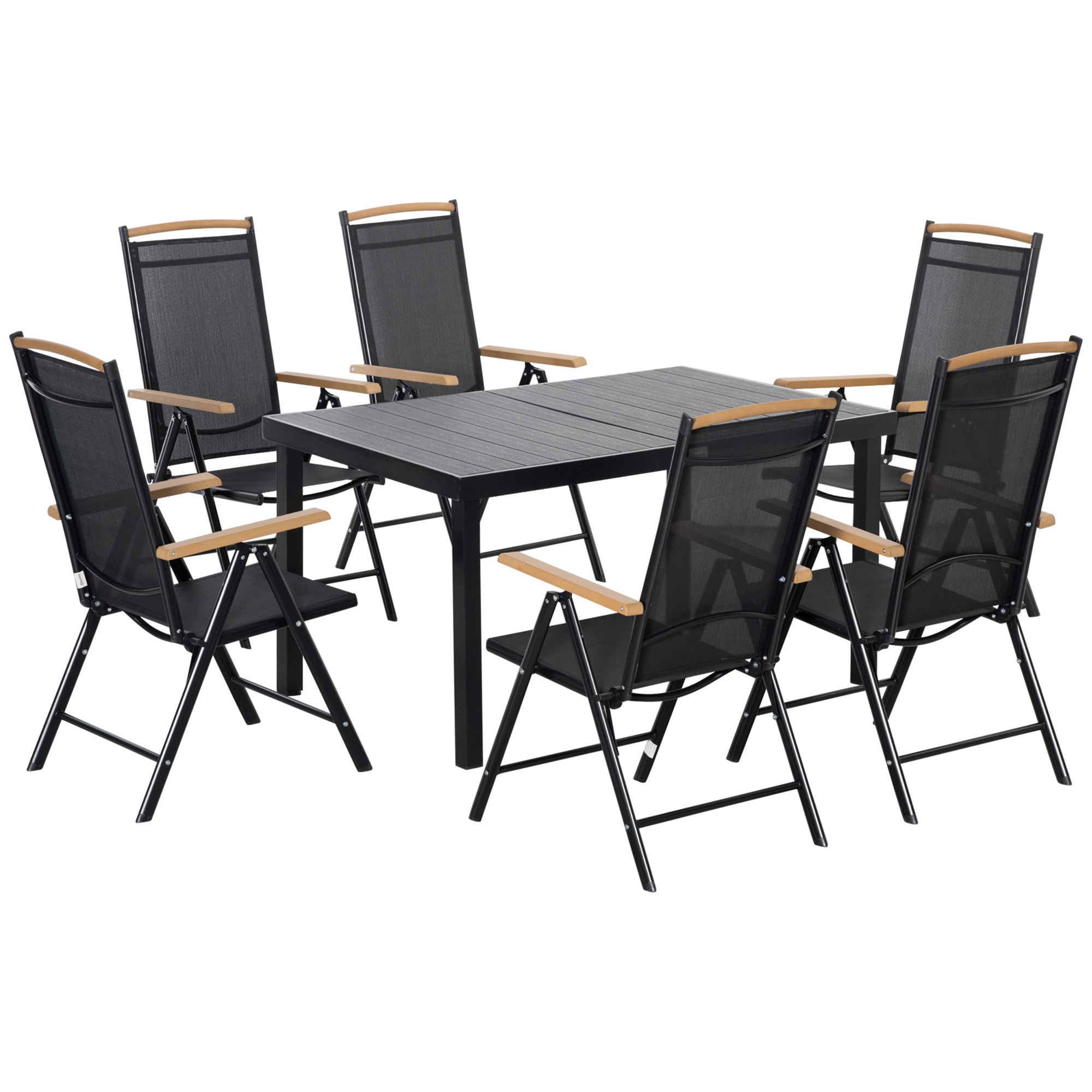 Outsunny Set da giardino esterno per 6 persone, telaio in alluminio, tavolo 140 cm, 6 sedie pieghevoli e reclinabili, nero
