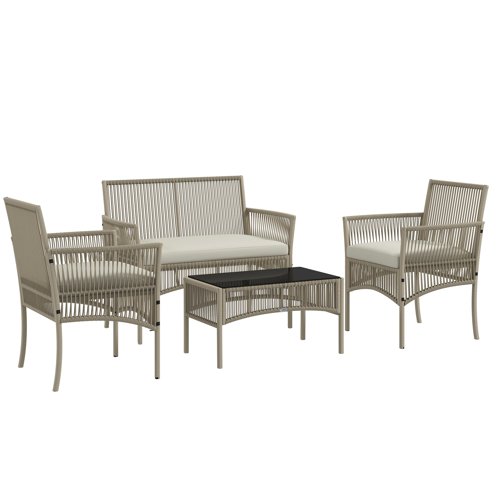 Outsunny Set da Giardino in Rattan da 4 Pezzi con 2 Poltroncine, Divano e Tavolino da Caffè, Kaki e Nero
