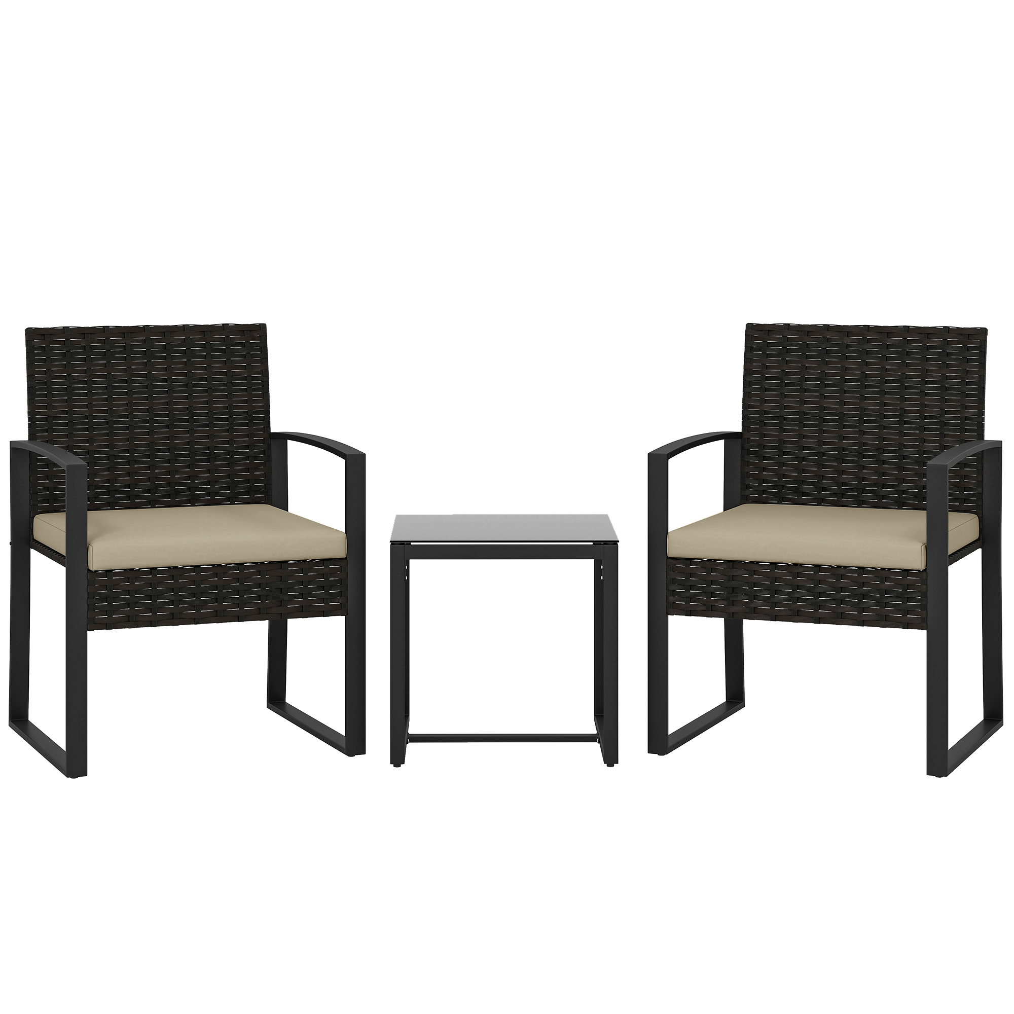 Outsunny Set da giardino in resina intrecciata per 2 persone, tavolo da giardino con 2 sedie, piano in vetro temperato, marrone Aosom Italy