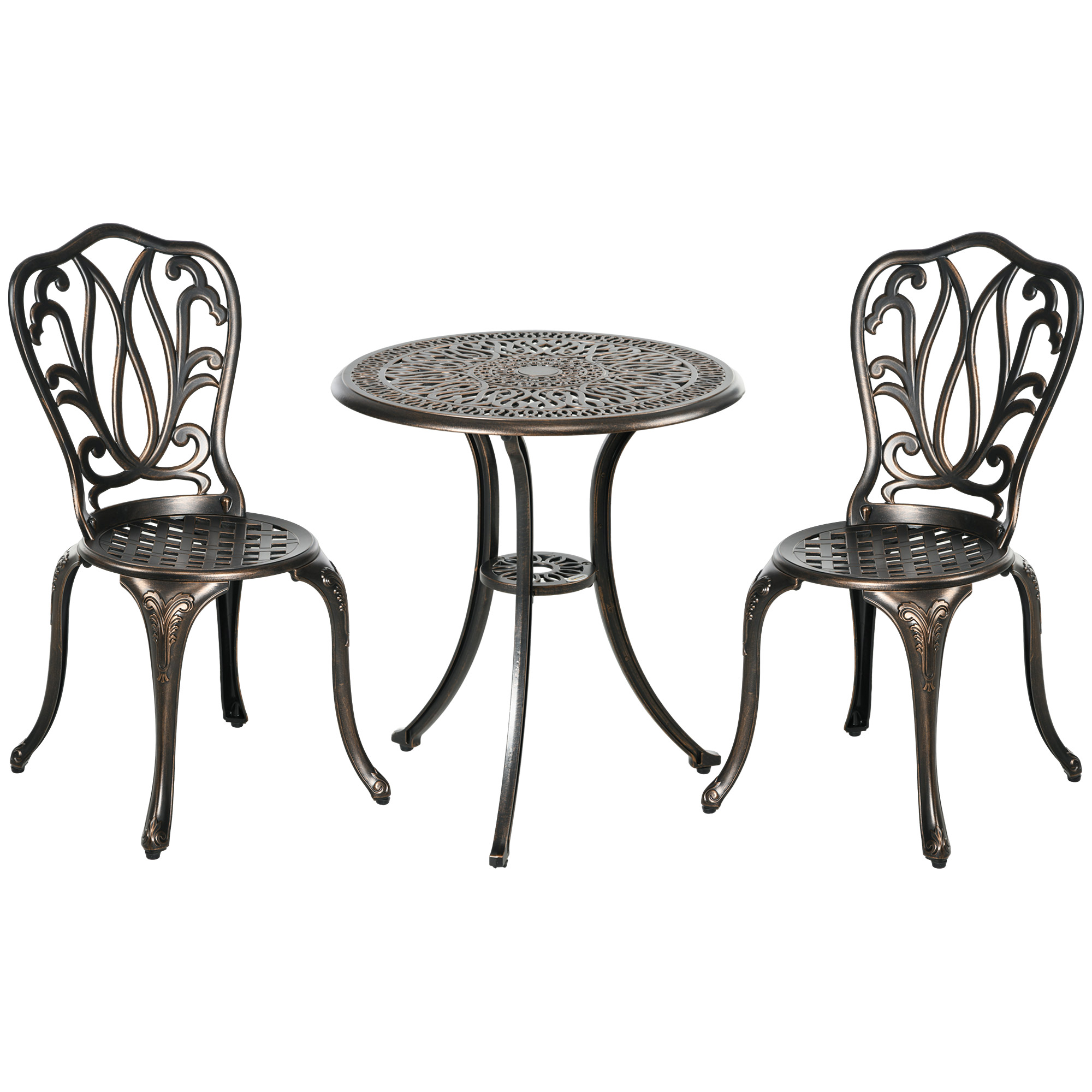 Outsunny Set da Giardino per 2 Persone, 2 Sedie e Tavolo Rotondo in Alluminio Pressofuso dal Fascino Retrò, Bronzo Aosom Italy