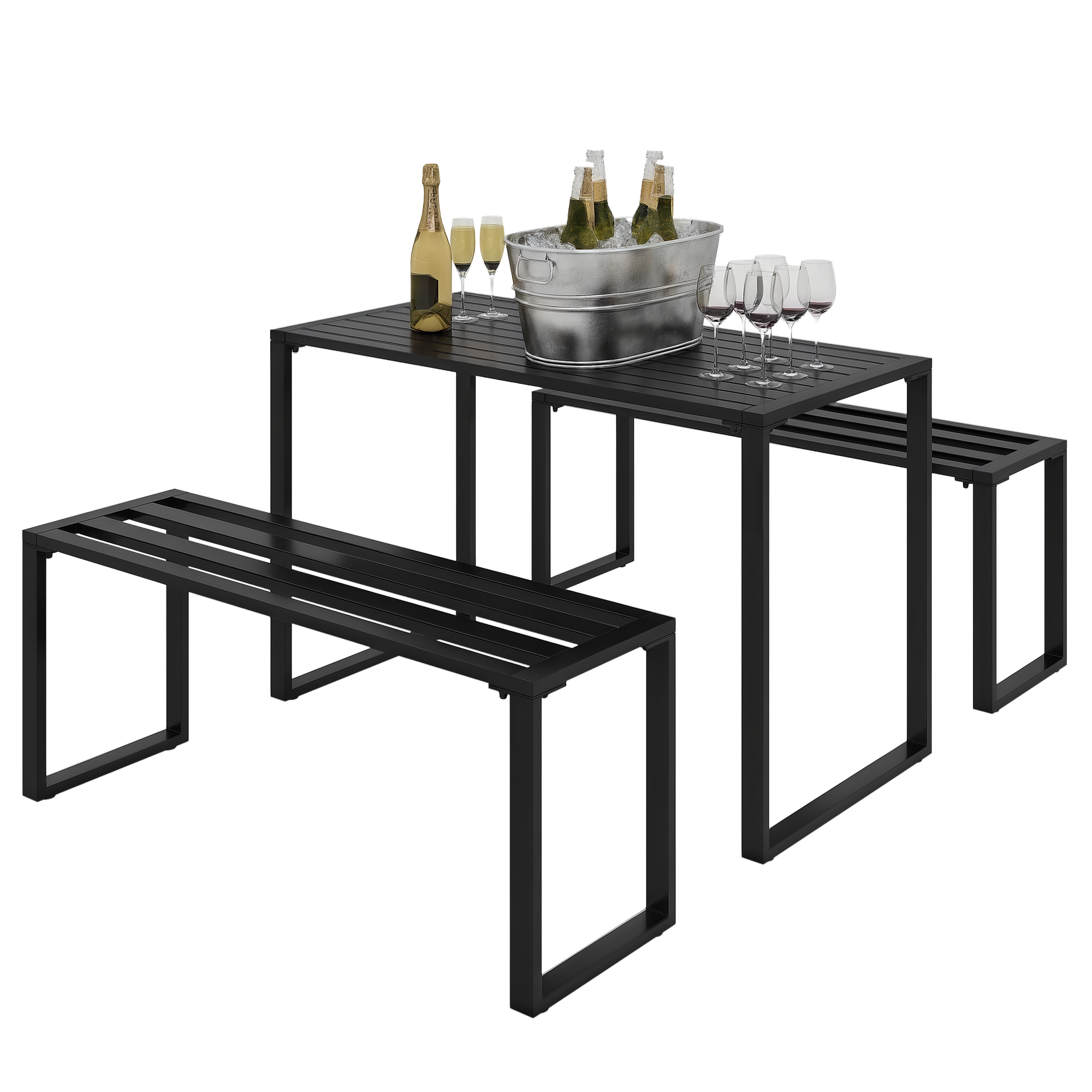 Outsunny Set da Pranzo, 3 Pezzi, 2 Panche e 1 Tavolino, per 4 Persone, in Metallo, Nero Aosom Italy