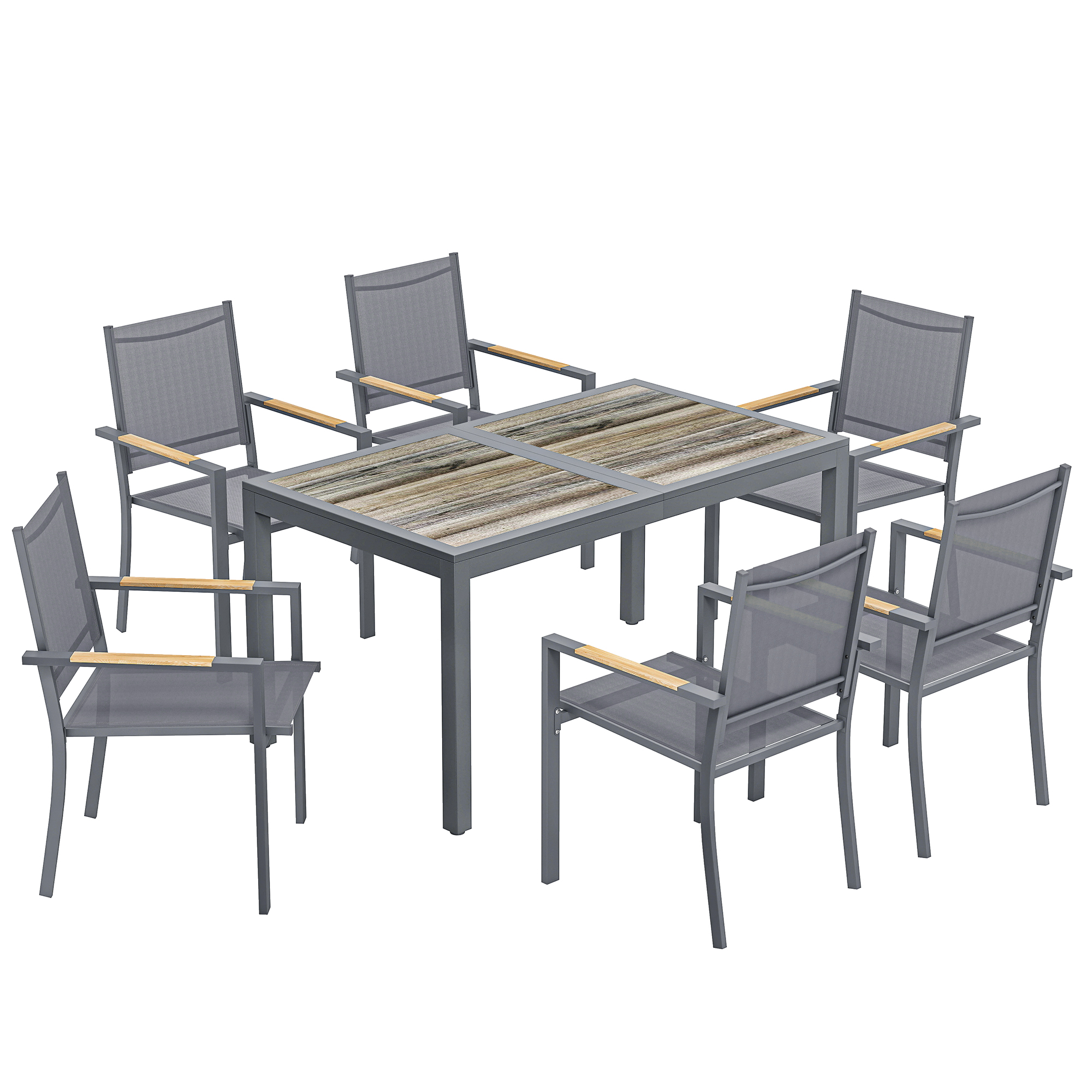 Outsunny Set da Pranzo Esterno per 6 Persone, Tavolo e Sedie, Sedie Impilabili in Rete e Tavolo Effetto Legno, Grigio Scuro Aosom Italy