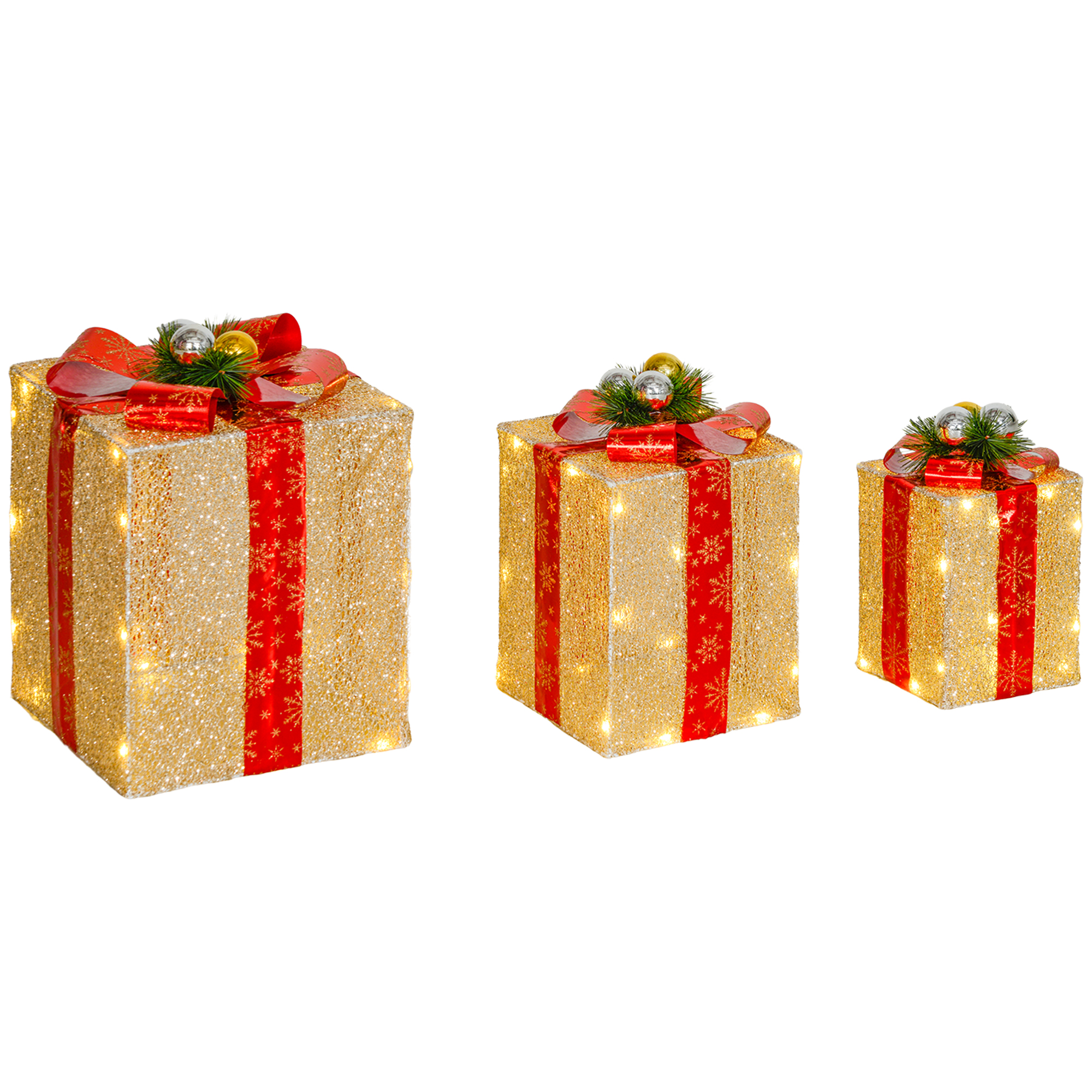 Outsunny Set Decorazioni di Natale con 3 Scatole Regalo con 58 LED Bianco Caldo, Dorato Aosom Italy