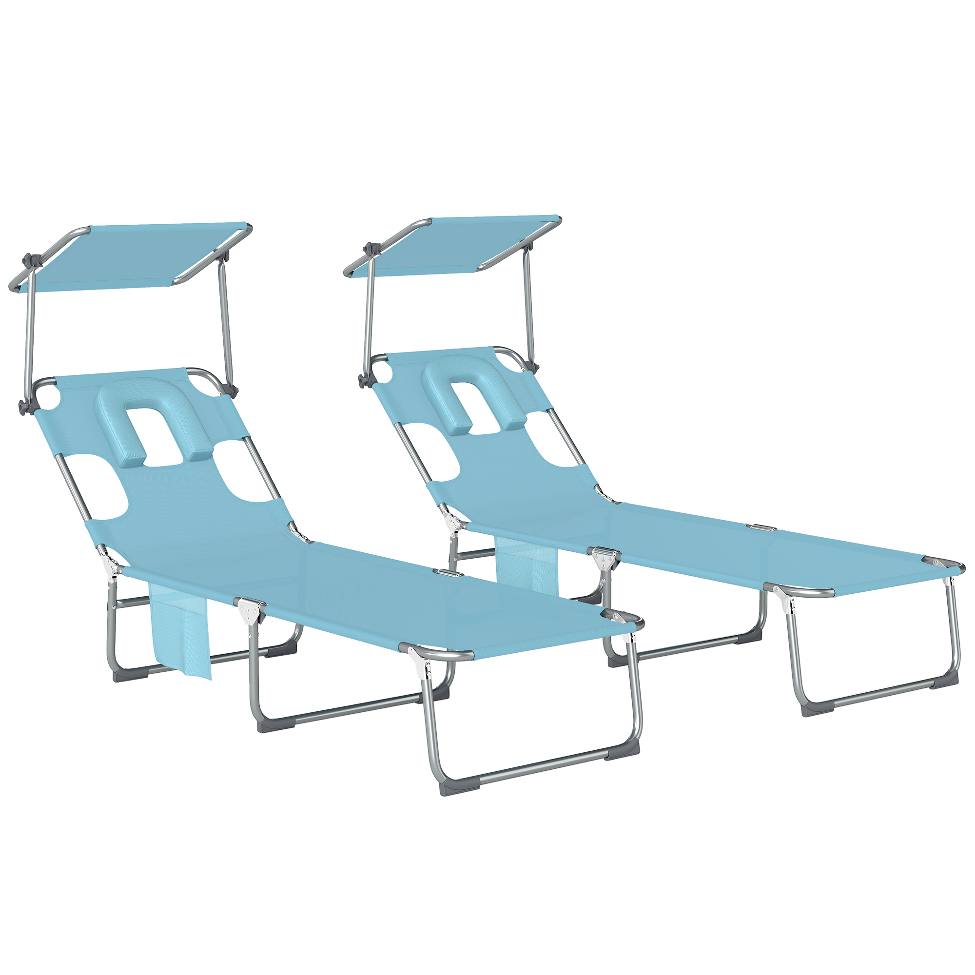 Outsunny Set di 2 Lettini Pieghevoli Reclinabili con Tettoia 360° Foro Facciale Tasca Laterale e Textilene 550 g/m² Blu Aosom Italy