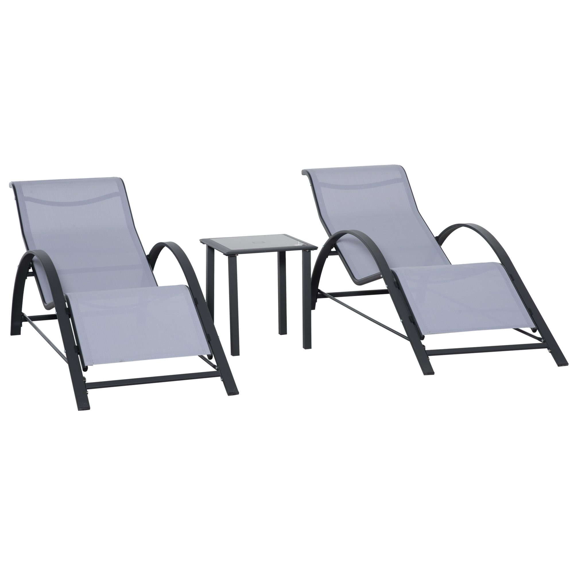 Outsunny Set di 2 Lettini Prendisole e Tavolino con Piano in Vetro, 59x169x66 cm, Grigio Chiaro Aosom Italy