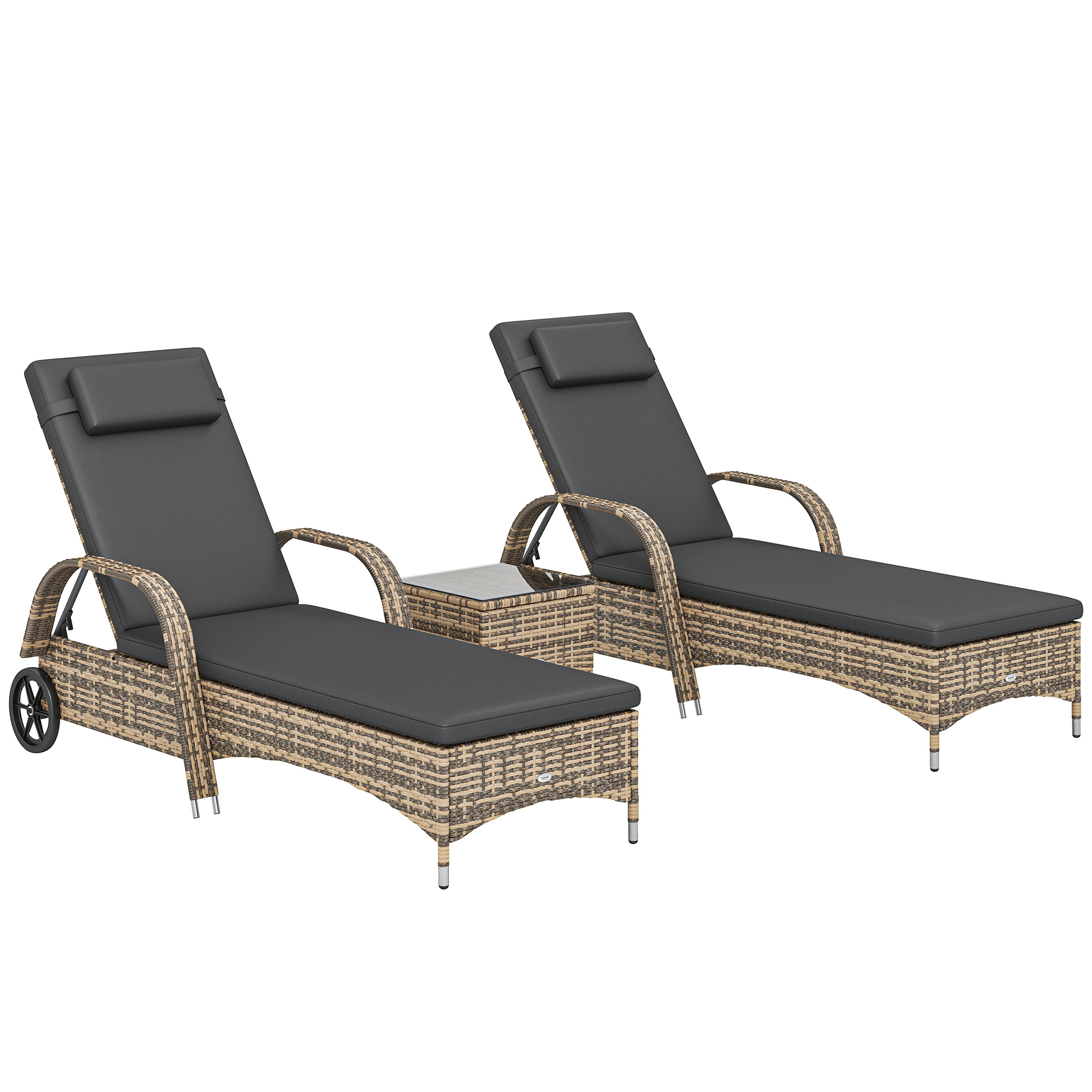 Outsunny Set di 2 lettini prendisole : materassi, poggiatesta, inclinazione regolabile, ruote + tavolino con vetro temperato grigio scuro Aosom Italy