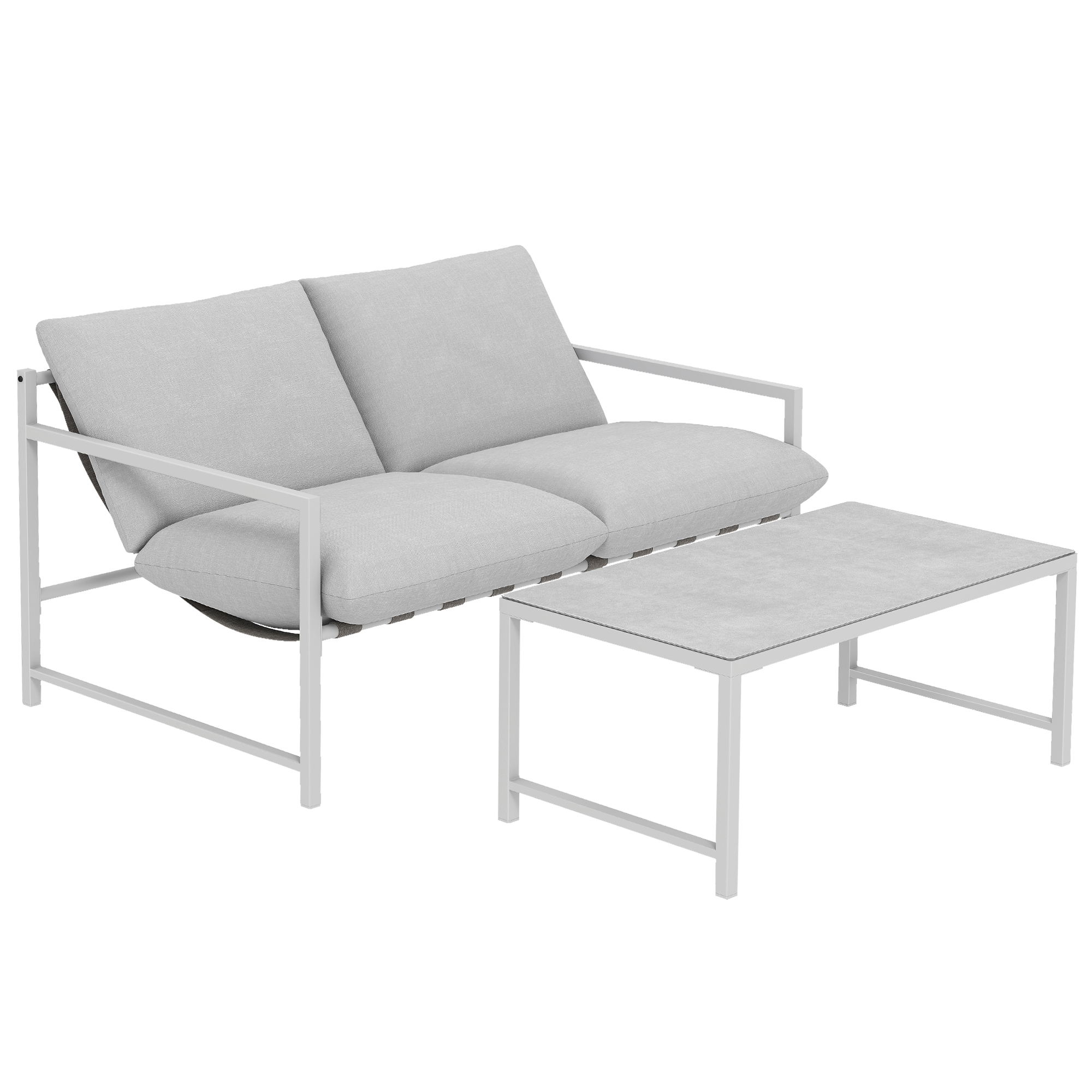 Outsunny Set di 2 Pezzi Salotto da Giardino Esterno, Divano con Cuscini, Tavolino in Vetro Temperato Effetto Marmo 3D, 125x80x64 cm, Grigio Chiaro Aosom Italy