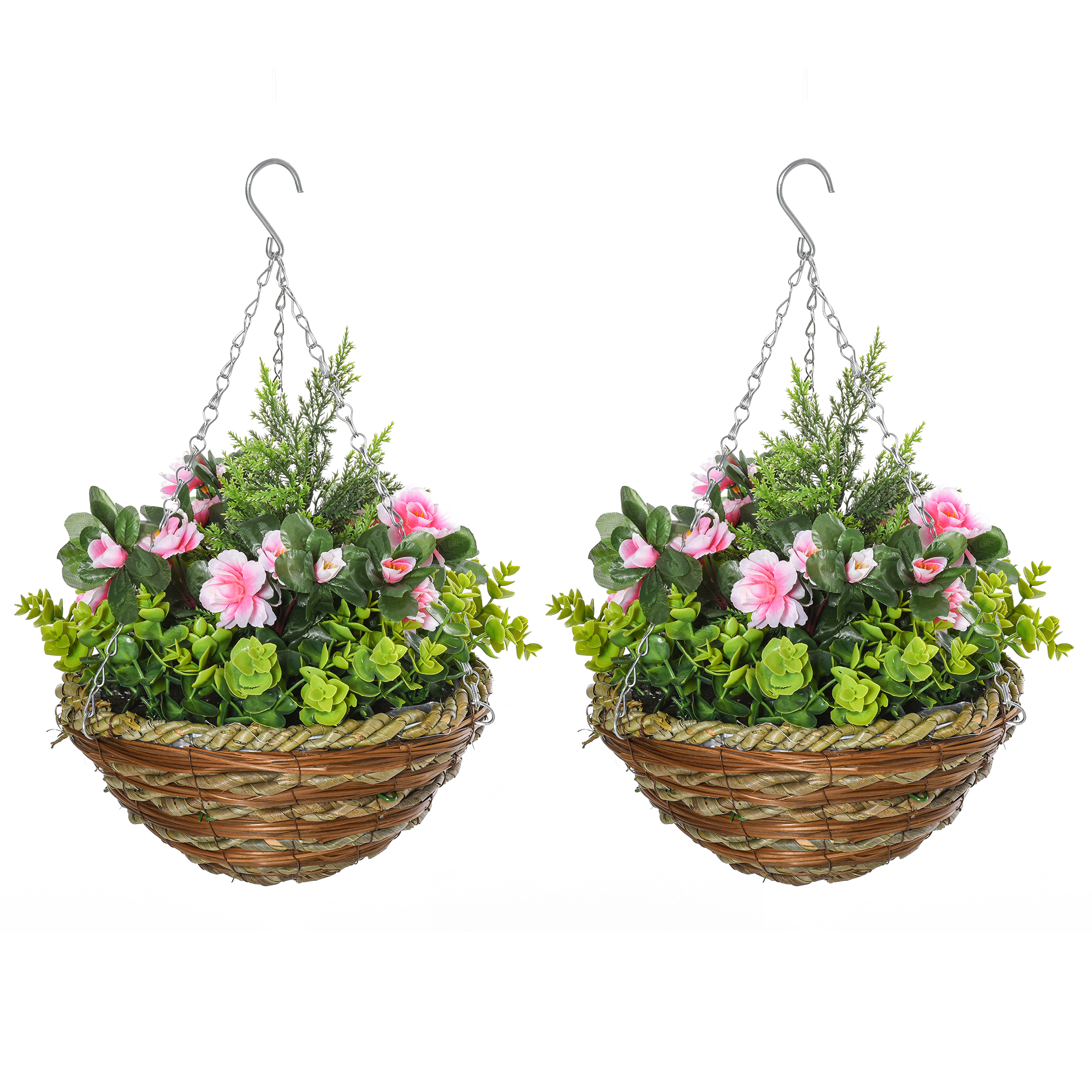 Outsunny Set di 2 Piante Finte Lisianthus da Appendere per Interno ed Esterno con Vaso in Vimini e Catenelle, Ф25x34cm, Rosa e Verde Aosom Outsunny Set di 2 Piante Finte Lisianthus da Appendere per Interno ed Esterno con Vaso in Vimini e Catenelle, Ф25x34cm, Rosa e Verde Aosom