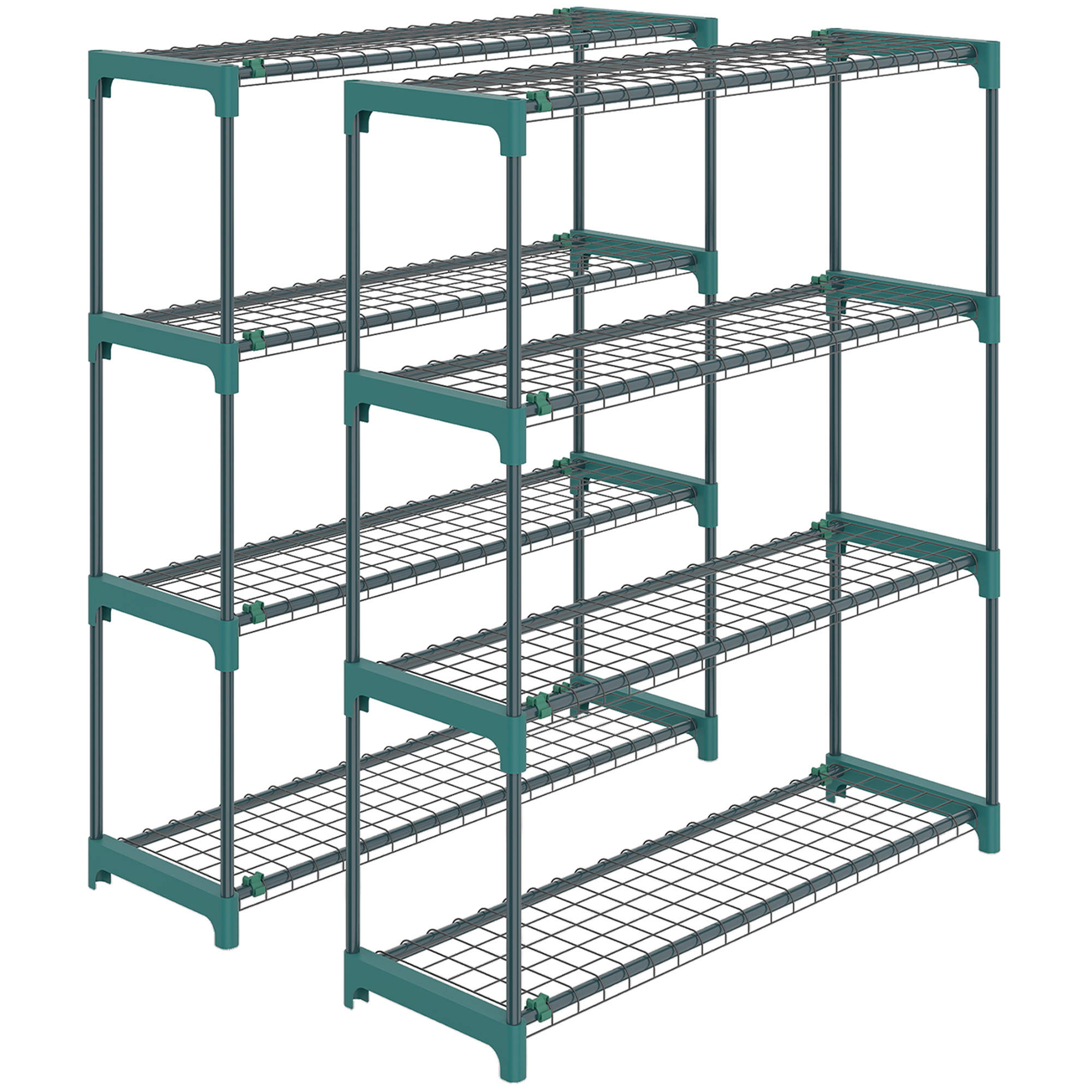 Outsunny Set di 2 Scaffali per Piante a 4 Livelli in Acciaio con Ganci, 90x28x104 cm, Verde Aosom Italy Outsunny Set di 2 Scaffali per Piante a 4 Livelli in Acciaio con Ganci, 90x28x104 cm, Verde Aosom Italy