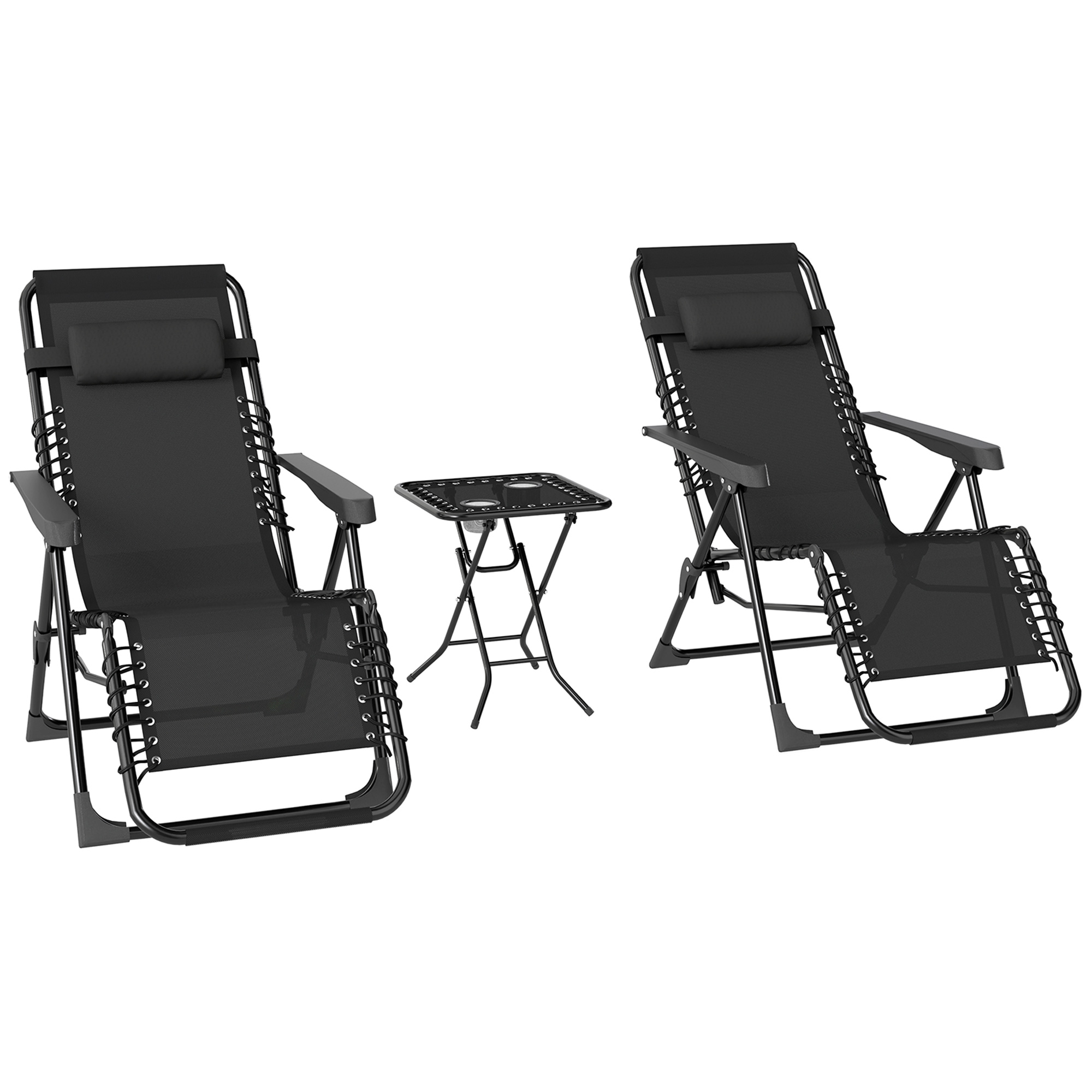 Outsunny Set di 2 Sedie Sdraio da Giardino Zero Gravity e Tavolino con Portabicchieri, Set Sedie Pieghevoli con Poggiatesta e Tessuto Traspirante, Schienale Regolabile a 5 livelli, Nero Aosom Italy