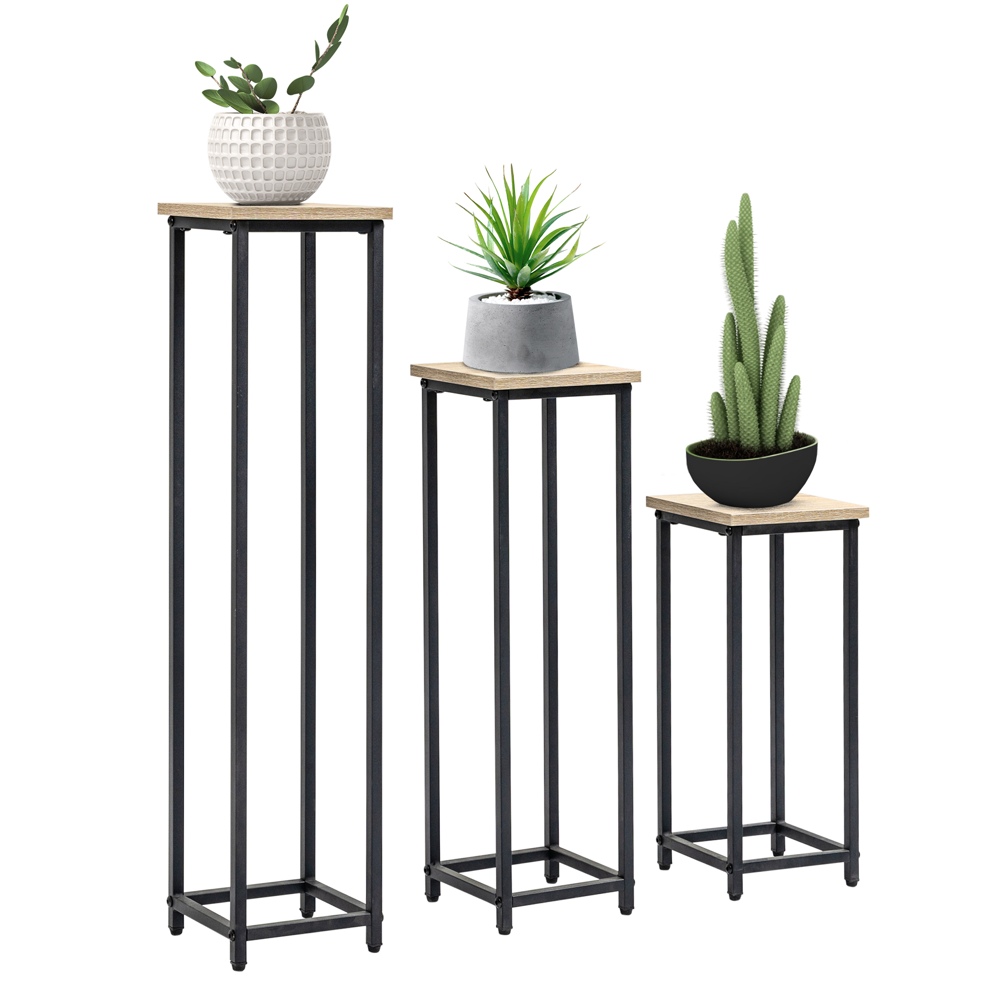 Outsunny Set di 3 supporti porta vasi da fiori impilabili quadrati - 21 x 21 x 50/70/90 cm - acciaio