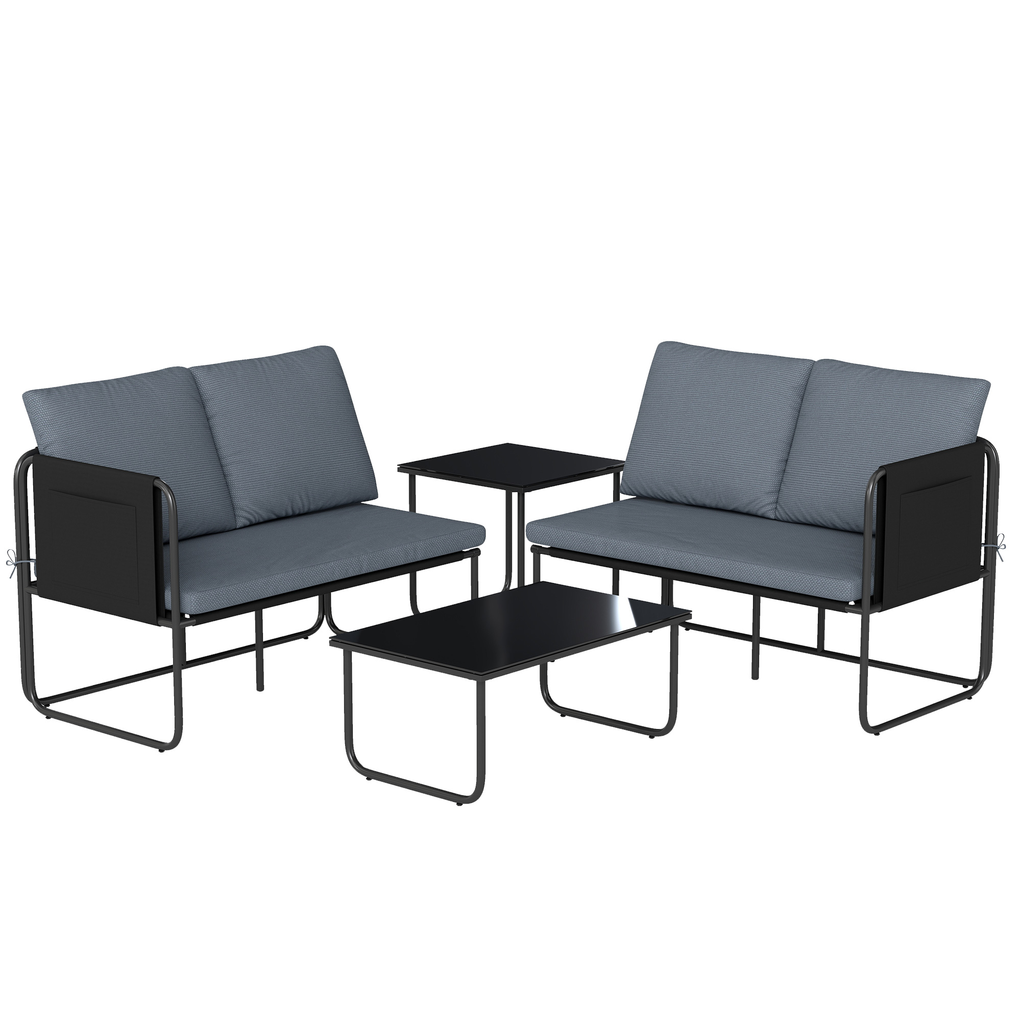 Outsunny Set di 4 Pezzi Giardino Esterno con 2 Divani a 2 Posti, 2 Tavoli in Vetro, Cuscini, Fodere Rimovibili e Tasche, Grigio Aosom Italy