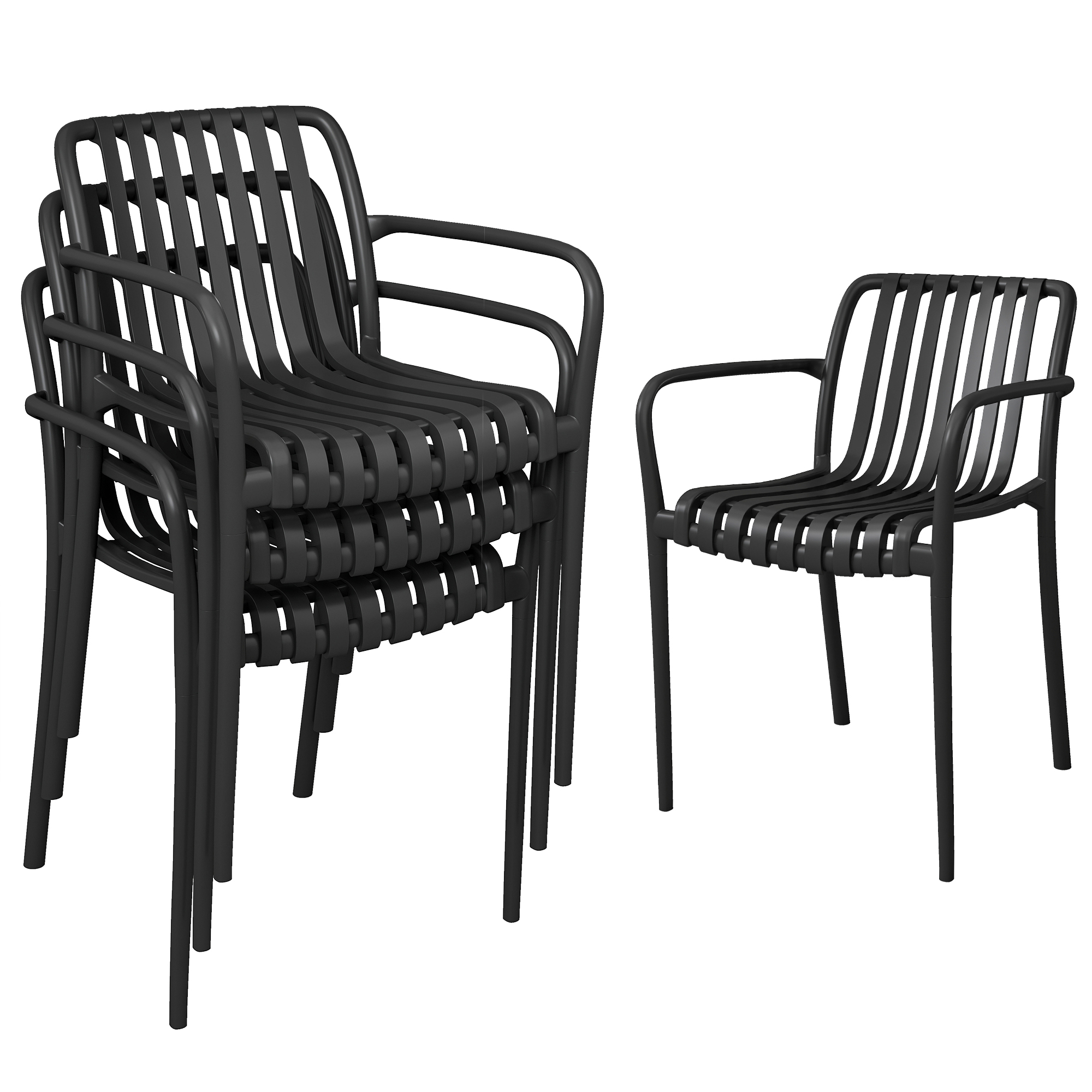 Outsunny Set di 4 Sedie da Patio Impilabili, Sedie da Pranzo per Esterni con Schienale Curvo, Seduta con Listelli e Braccioli, Nero Aosom Italy Outsunny Set di 4 Sedie da Patio Impilabili, Sedie da Pranzo per Esterni con Schienale Curvo, Seduta con Listelli e Braccioli, Nero Aosom Italy