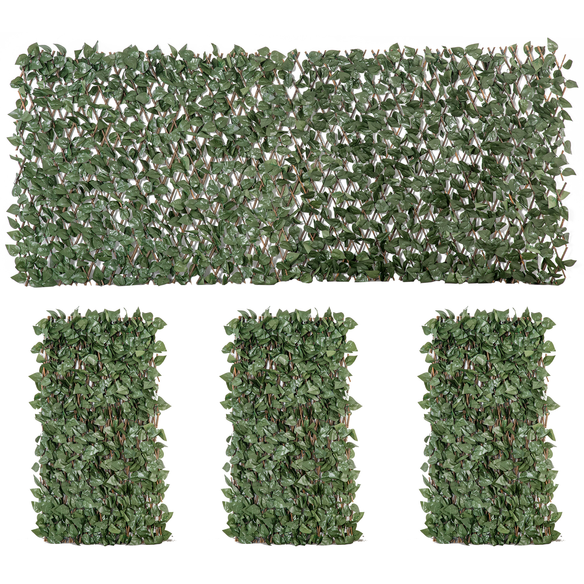 Outsunny Set di 4 Siepi Artificiali di Edera Estensibili, Pannelli Murali Frangivista in Poliestere e Vimini, 200x100 cm, Verde Aosom Italy