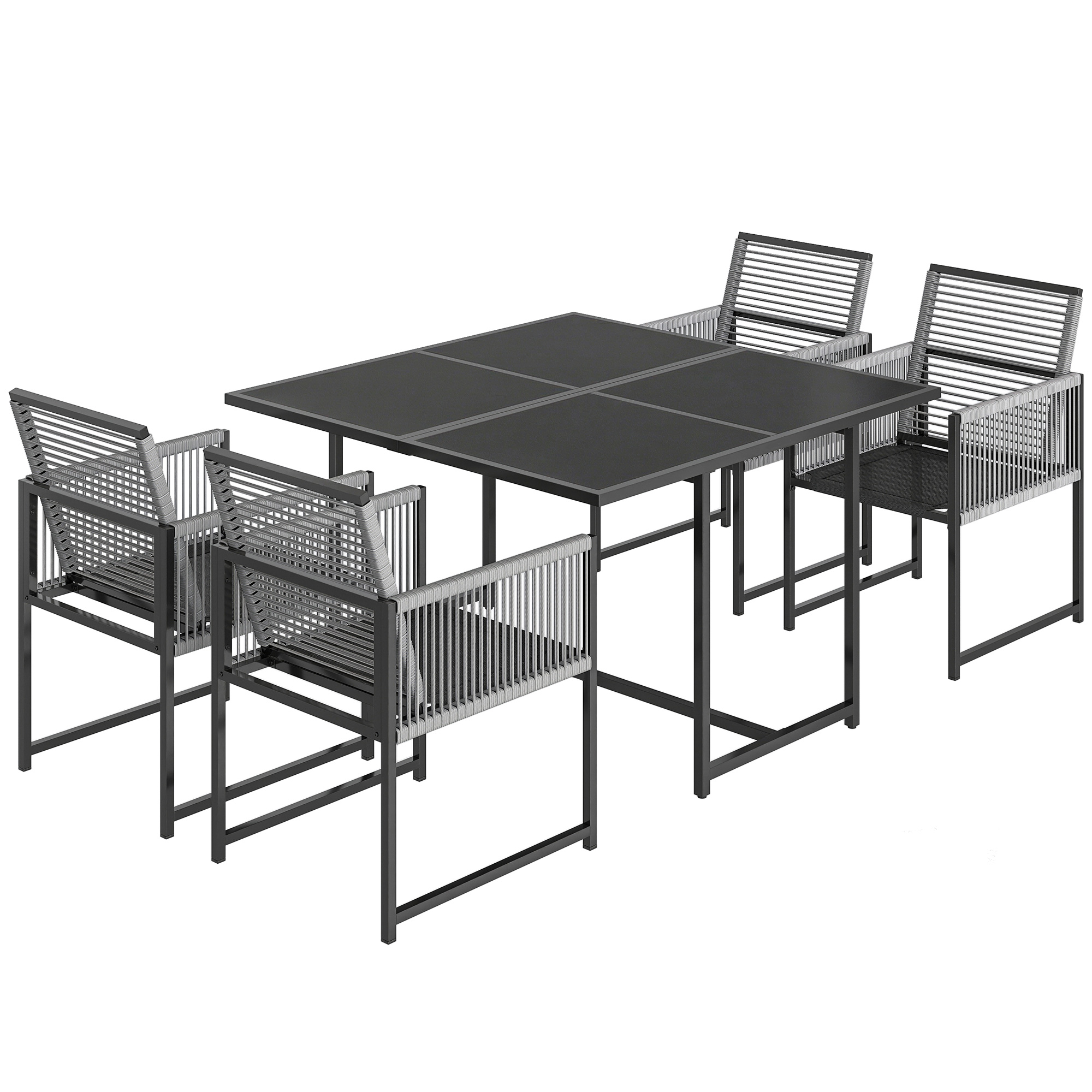Outsunny Set di 5 Pezzi Mobili da Giardino, Tavolo in Vetro con 4 Sedie Traspiranti, Schienale Pieghevole Intreccio a Corda, Grigio Chiaro Aosom Italy