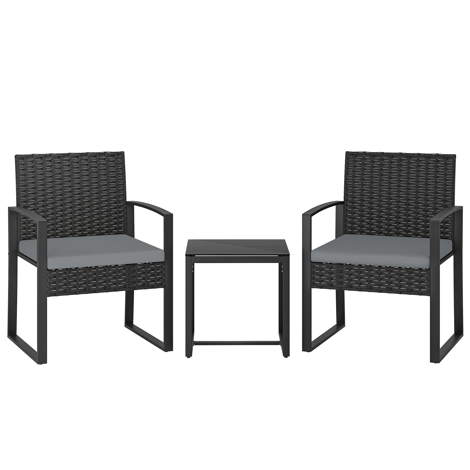 Outsunny Set di Mobili da Giardino in Rattan Sintetico con 2 Sedie con Cuscini Removibili e Tavolo con Piano in Vetro Grigio Aosom Italy