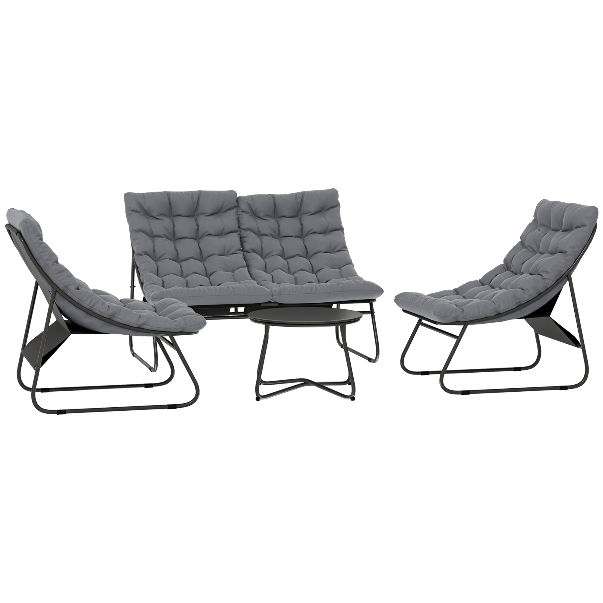 Outsunny Set di mobili da giardino per 4 persone, 2 sedie, 1 divano a due posti, 1 tavolino con piano in vetro, cuscini spessi, telaio in acciaio, per terrazza, grigio