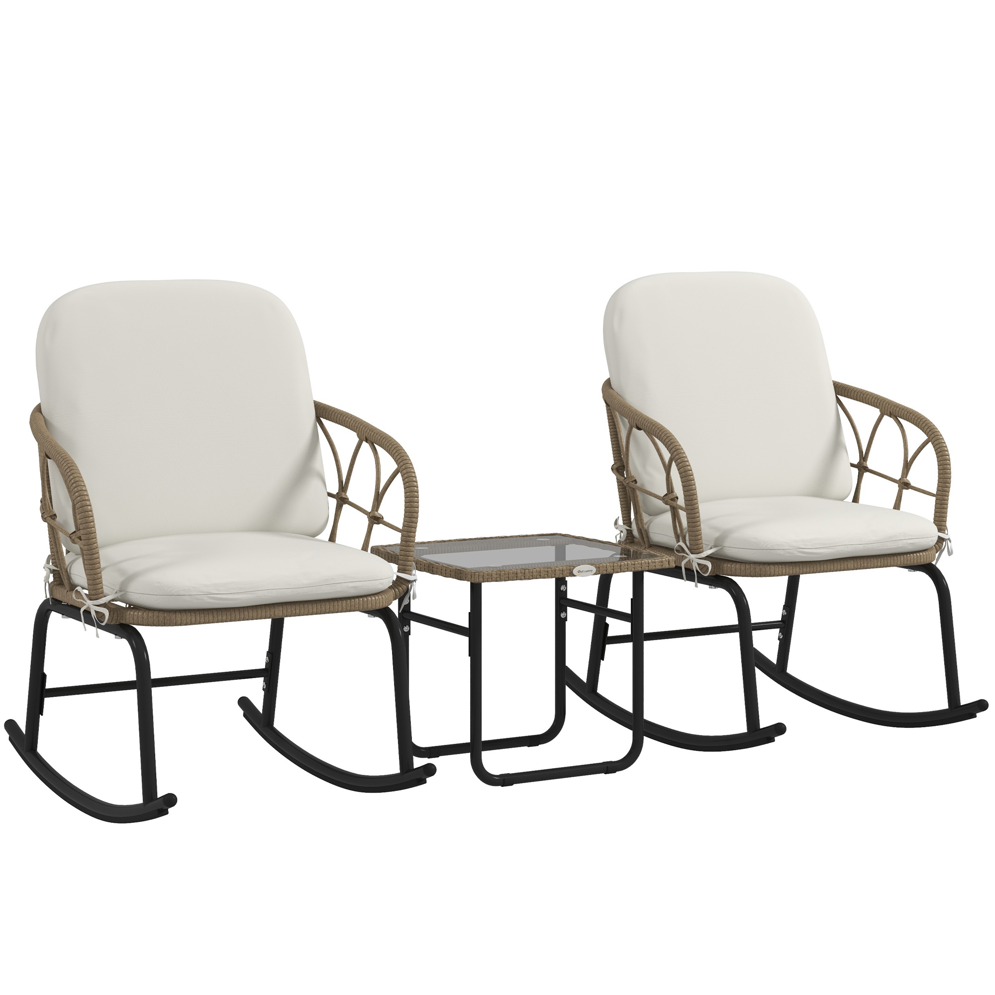 Outsunny Set di sedie a dondolo in stile boho, in PE rattan resistente alle intemperie, Crema