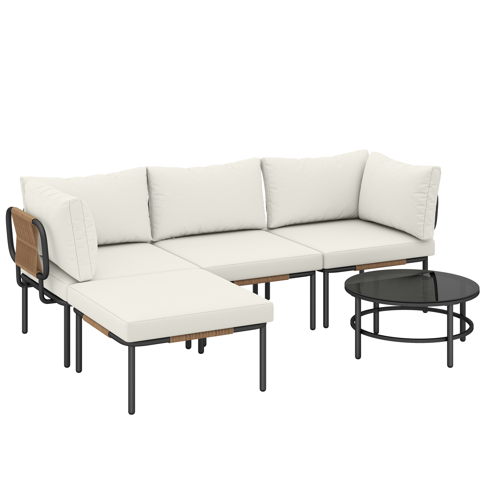 Outsunny Set Giardino 5 Pezzi, Rattan Componibile L con Cuscini, 192x126x60 cm, Colore Cachi Aosom Italy