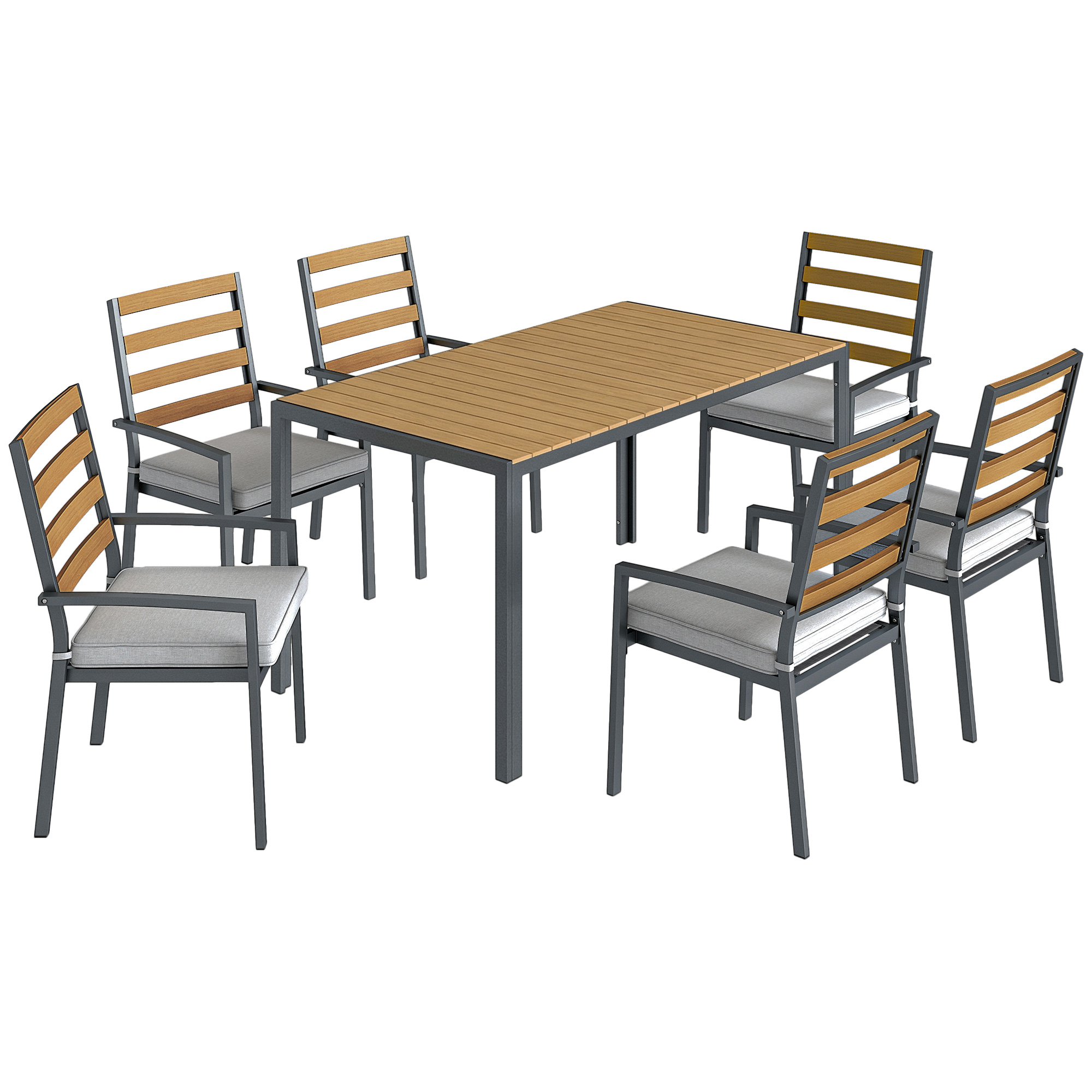 Outsunny Set giardino 7 pezzi con tavolo pranzo, 6 sedie e cuscini, Legno naturale Aosom Italy