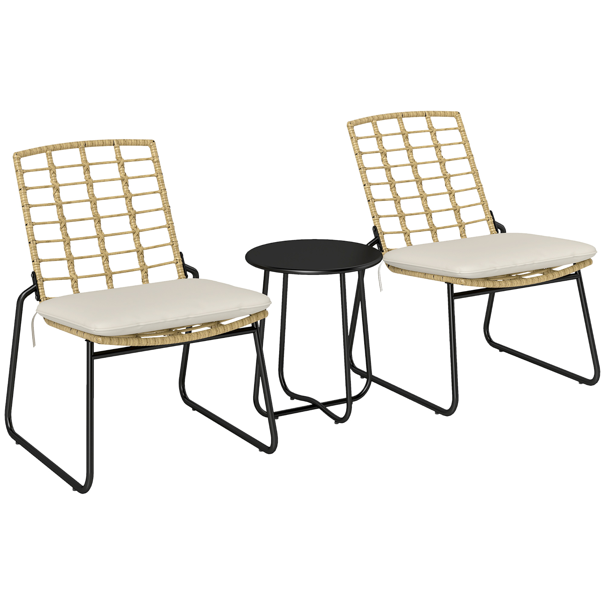 Outsunny Set mobili da giardino 3 pezzi, 2 sedie in rattan, 1 tavolo con piano metallico, cuscini per seduta, set bistro, Beige & Marrone Aosom Italy