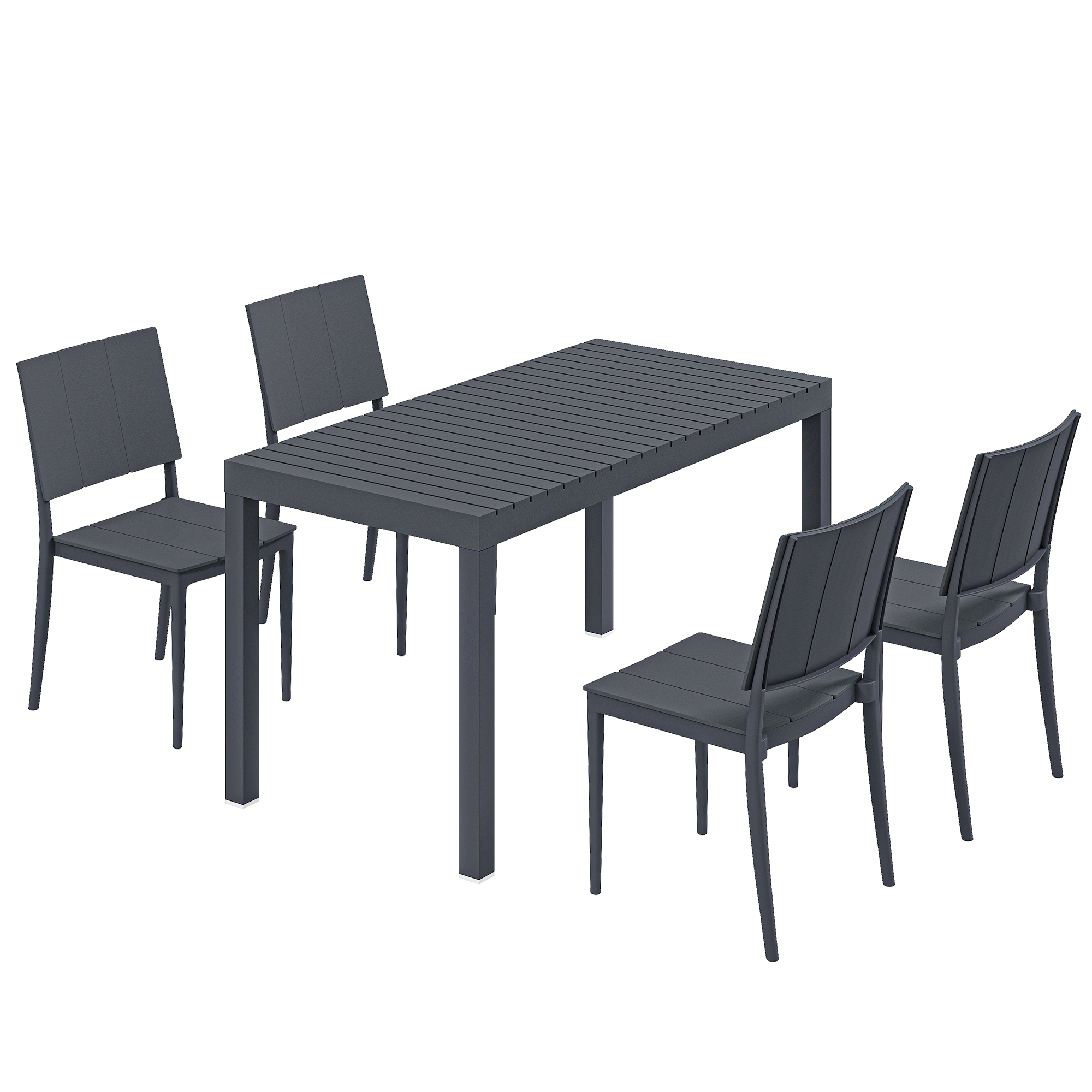 Outsunny Set Mobili da Giardino 5 pezzi, Tavolo Lungo con 4 Sedie Impilabili, Design a Lamelle, per 4 Persone, Grigio Scuro Aosom Italy