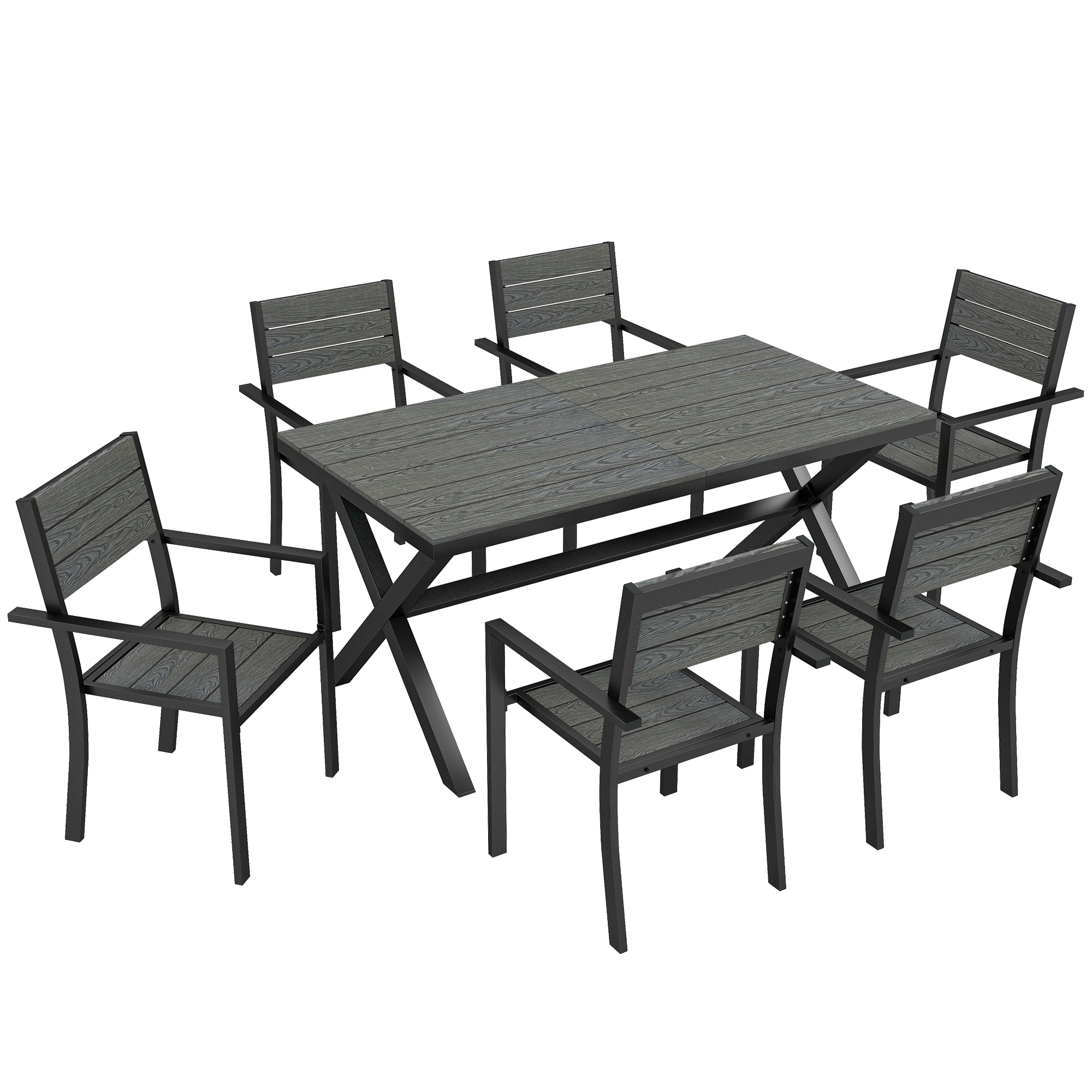 Outsunny Set Sala da Pranzo Esterno 7 Pezzi per 6 Persone, Tavolo e Sedie Impilabili con Doghe Effetto Legno, Telaio in Alluminio, Grigio Aosom Italy